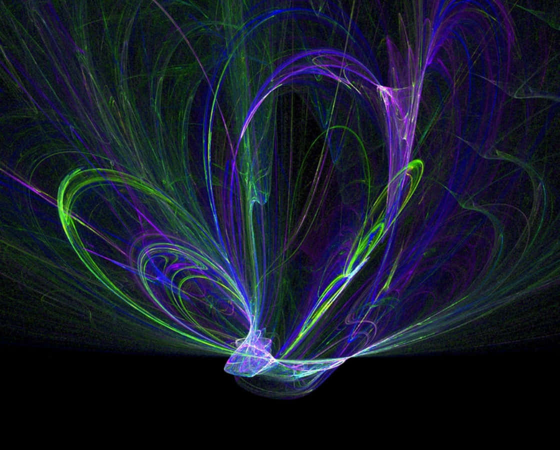 Magnetic Field 桌布 壁紙 — 充滿活力的螢光綠色和紫色分形觸手在漆黑的虛空中動態旋轉，營造出超凡脫俗的宇宙之舞。