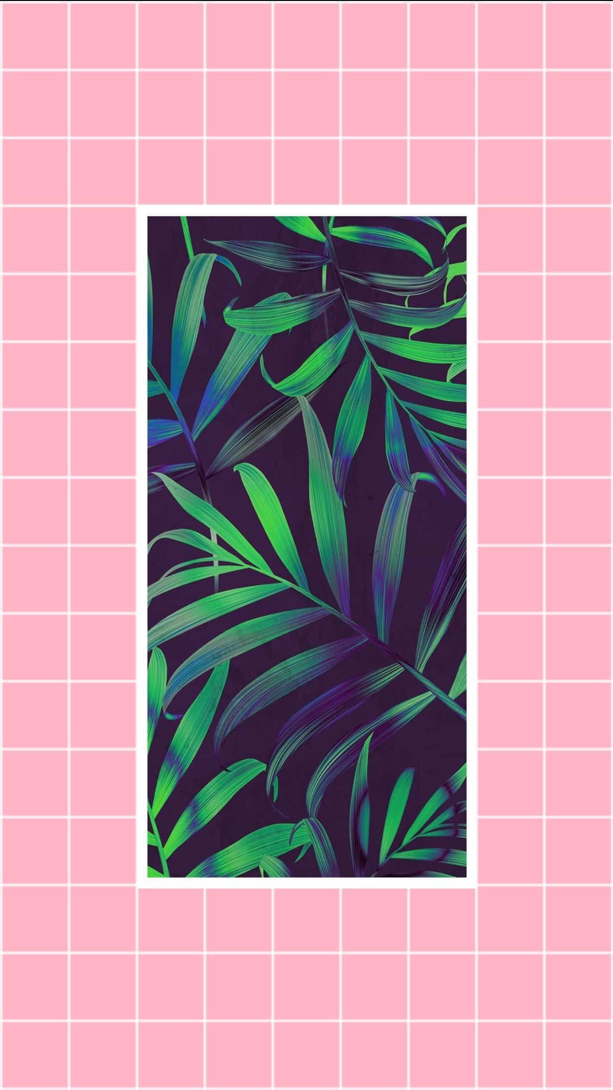 美學手機GIF 桌布 壁紙 — 充滿活力的螢光綠色棕櫚葉與深紫色背景形成對比，背景由柔和的粉紅色網格圖案框住。