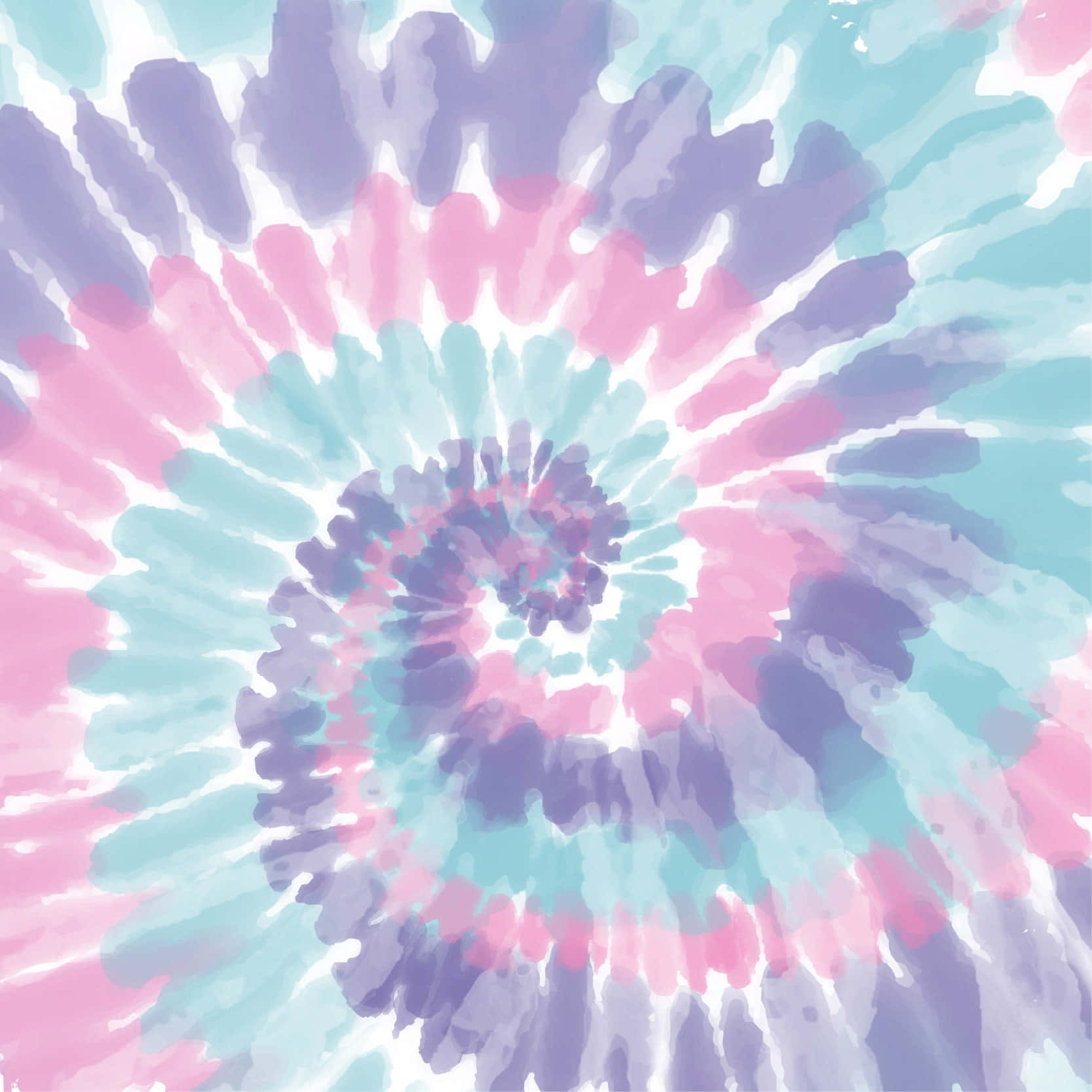 Purple Tie Dye 桌布 壁紙 — 充滿活力的螺旋紮染圖案以柔和的粉紅色、藍綠色和紫色向外輻射，並帶有白色點綴。