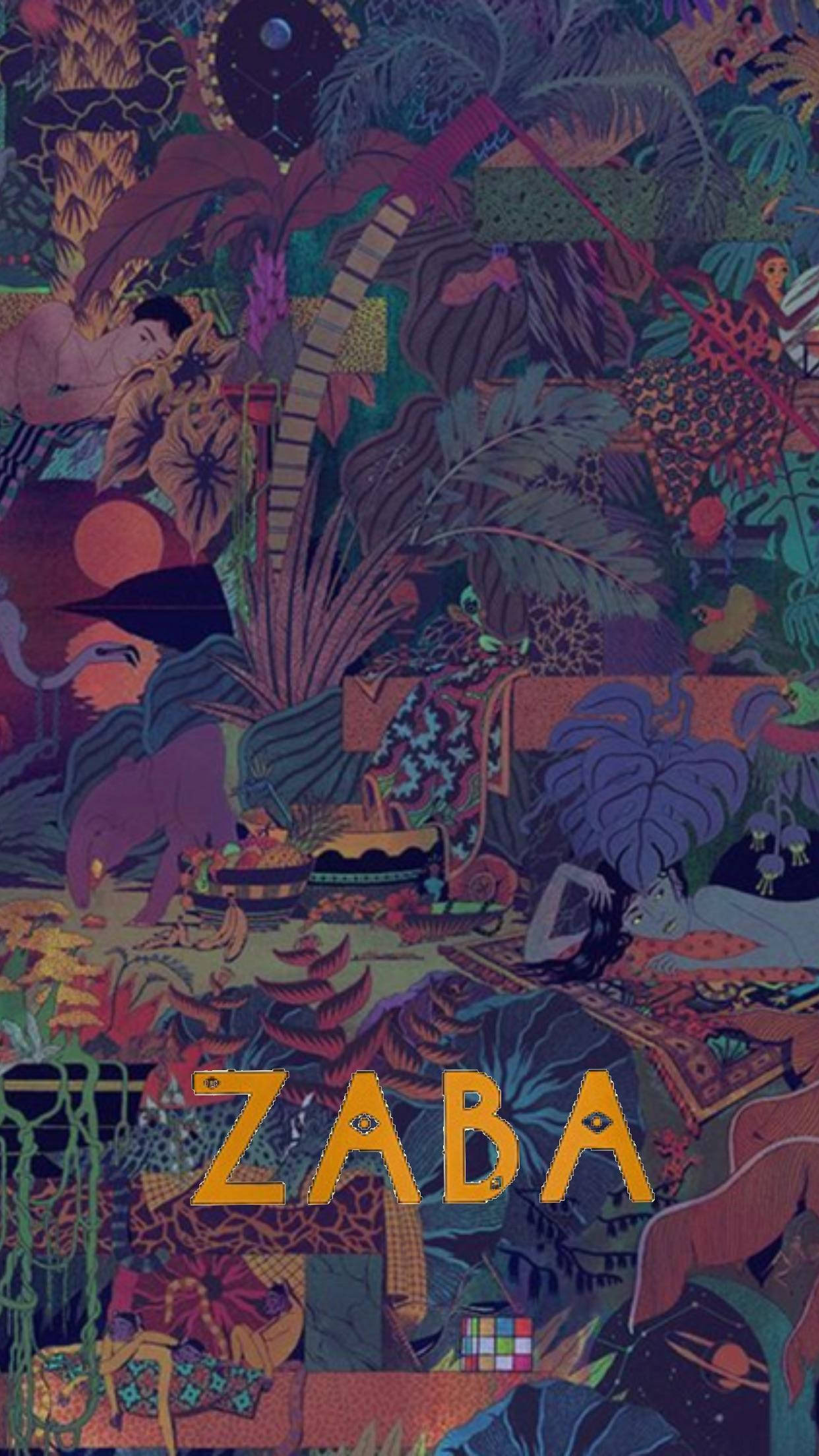 Glass Animals Zaba 壁紙 — 充滿活力的超現實叢林場景，風格化的人物和異國植物在星空下。