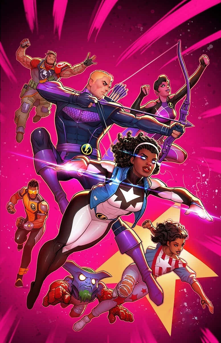 Thunderbolts 桌布 壁紙 — 充滿活力的超級英雄團隊，在充滿活力的粉紅色宇宙背景中，帶有發光的能量效果和英雄姿態。