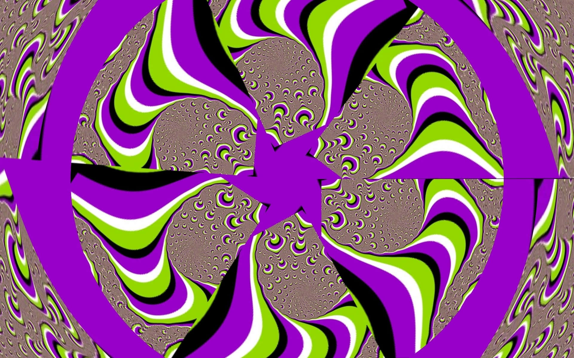 Optical Illusions 桌布 壁紙 — 充滿活力的迷幻分形圖案，帶有從中心星爆放射出的旋轉紫色、青檸綠色和黑色形狀。