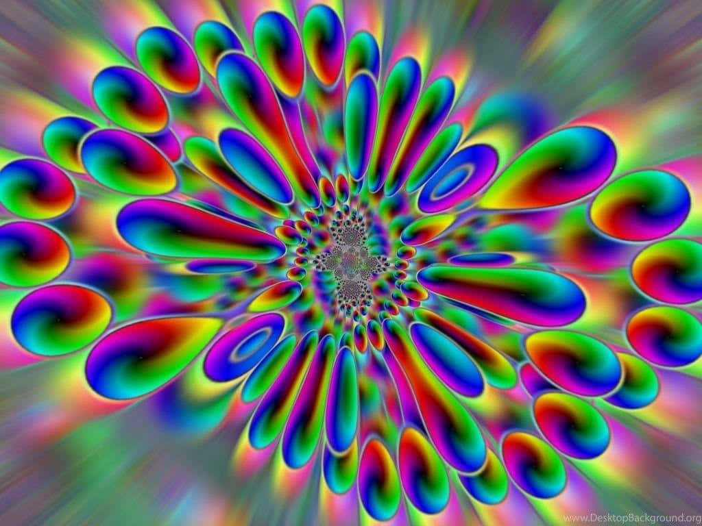 迷幻 桌布 壁紙 — 充滿活力的迷幻分形圖案向外輻射，帶有旋轉的彩虹色彩和催眠般的對稱性。