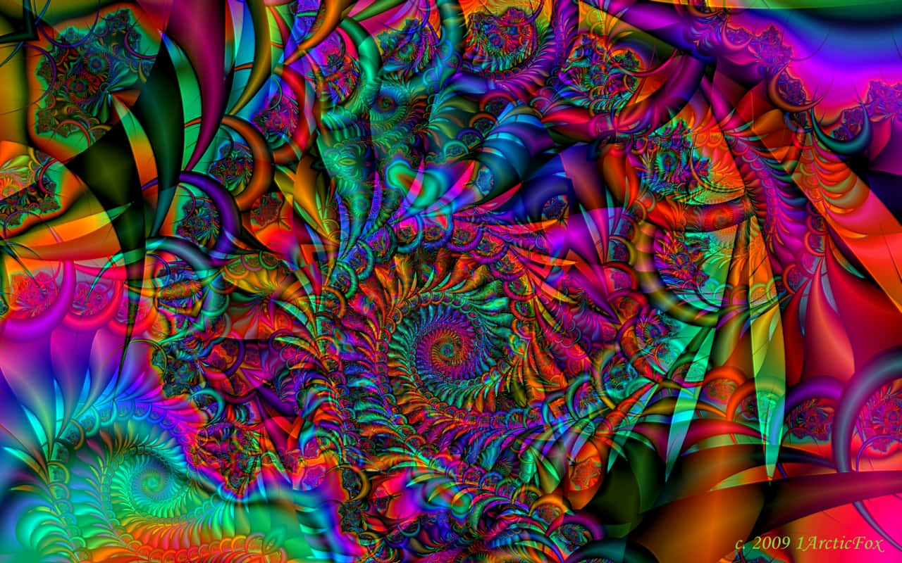 迷幻 桌布 壁紙 — 充滿活力的迷幻分形圖案在霓虹色彩的萬花筒中旋轉，創造出迷人的數位藝術作品。