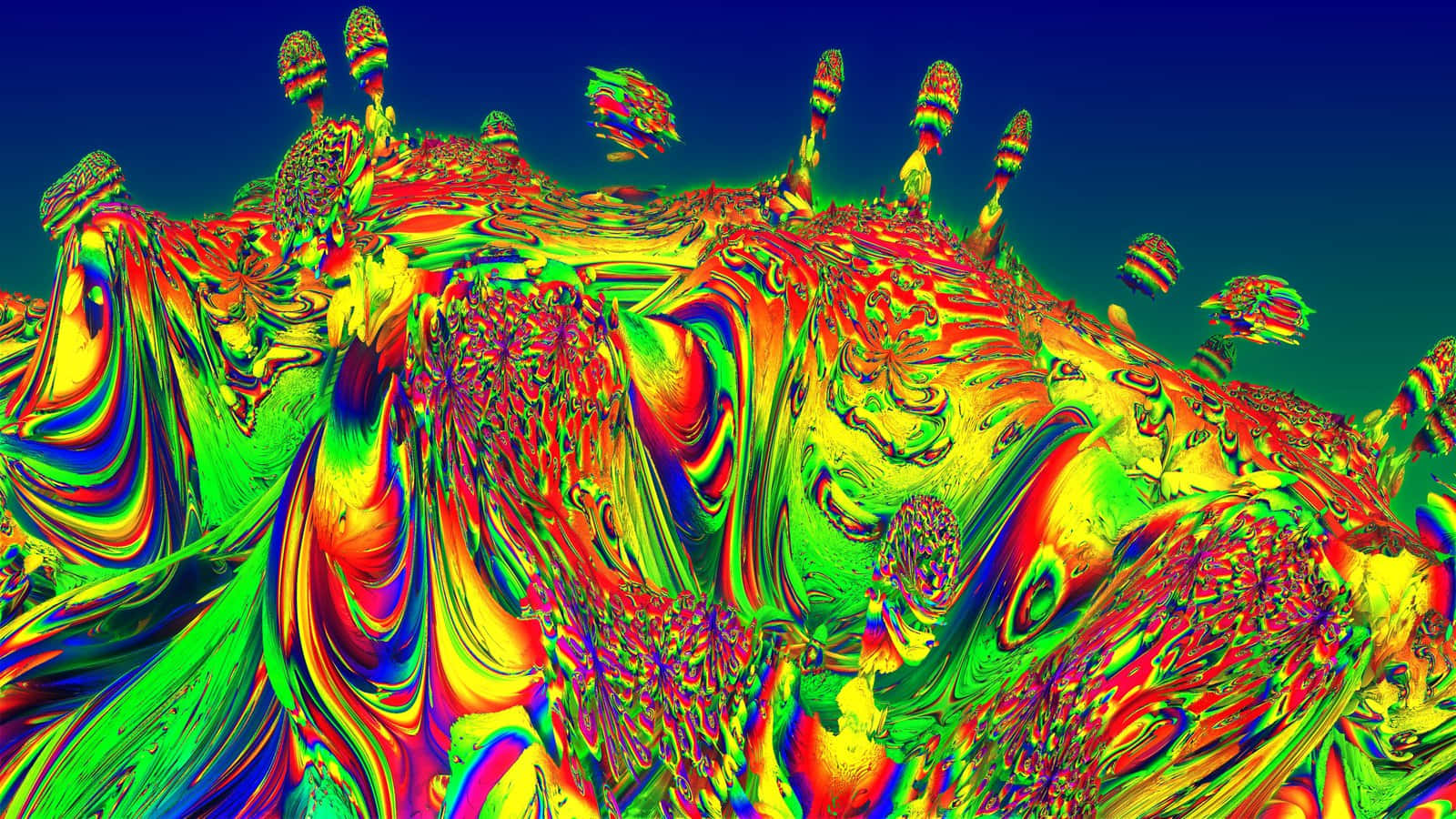 Trippy Mushroom 桌布 壁紙 — 充滿活力的迷幻分形景觀，帶有旋轉的霓虹色彩和漂浮的有機形狀，背景是深藍色漸變天空。