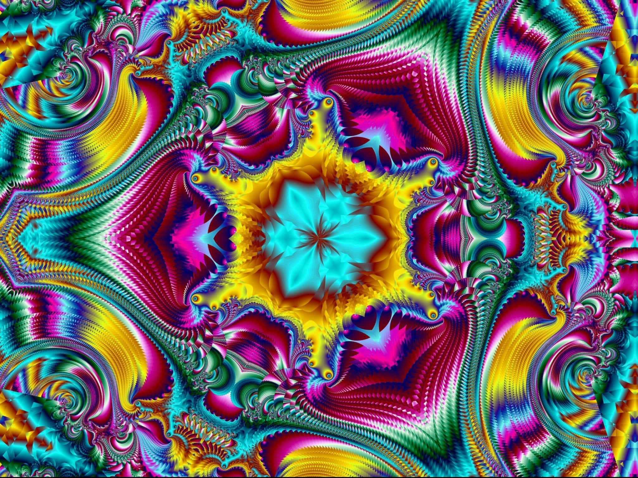 抽象藝術 桌布 壁紙 — 充滿活力的迷幻分形藝術從中央的星爆中散發出來，帶有旋轉的霓虹色彩和複雜的重複圖案。