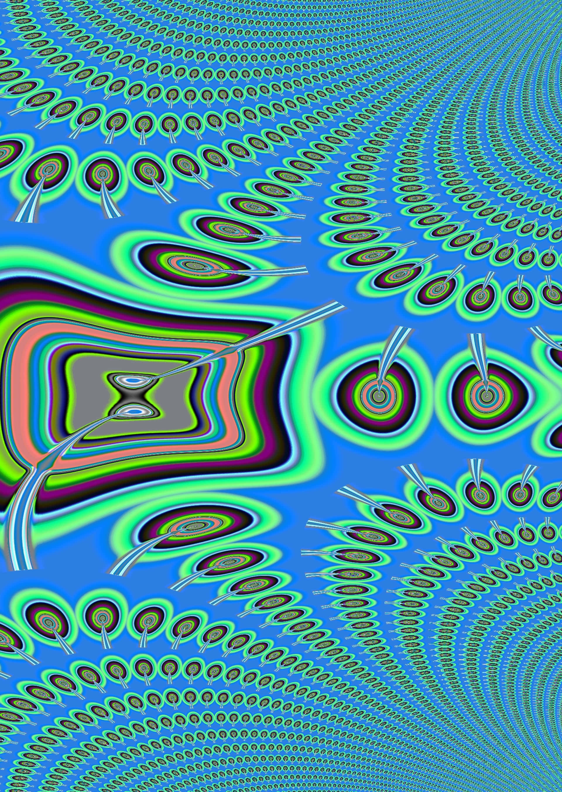Psychedelic Neon Lights 桌布 壁紙 — 充滿活力的迷幻圖案，帶有旋轉的同心圓和波浪狀的霓虹色帶，背景為藍色漸變。