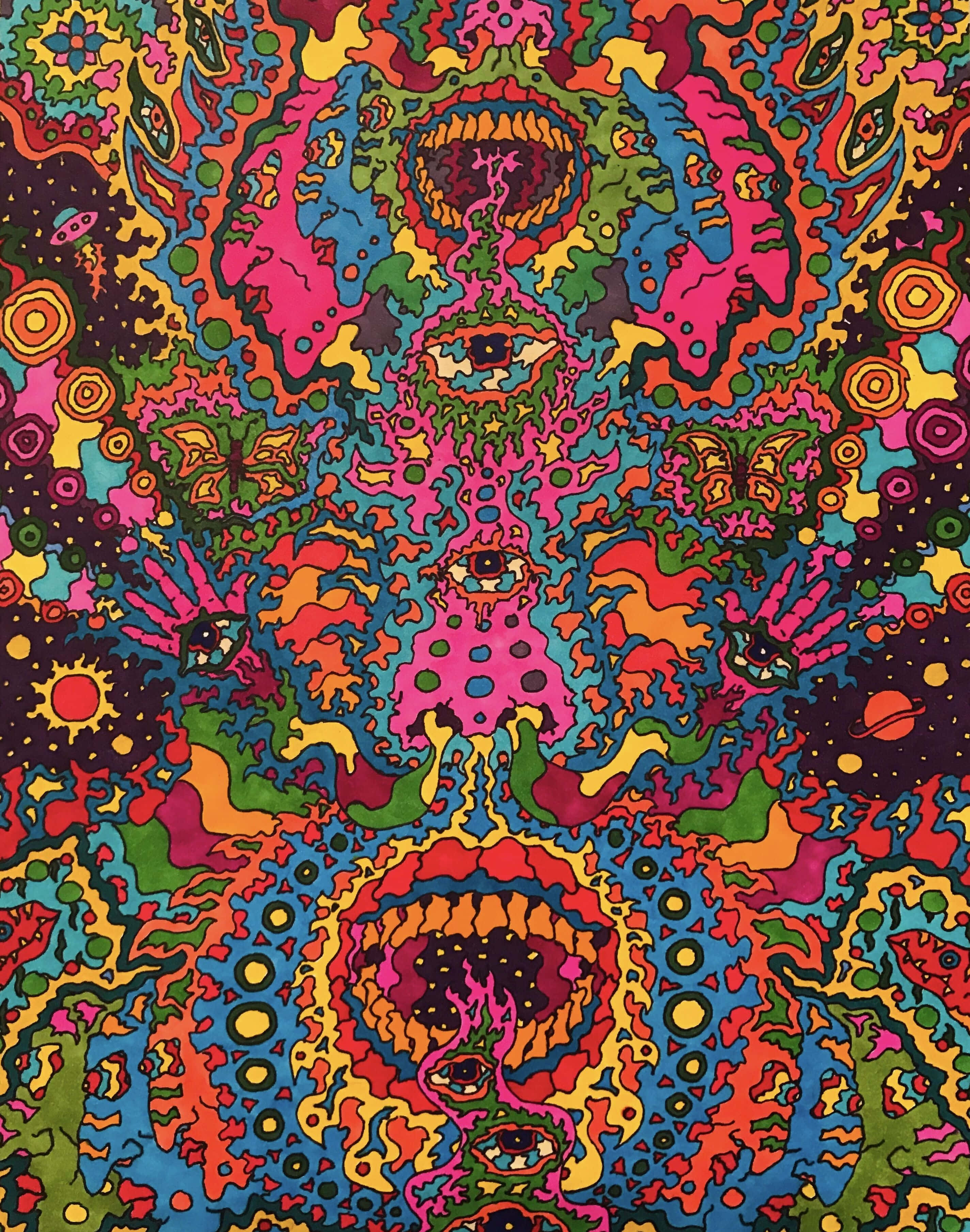 Psychedelic Grunge 桌布 壁紙 — 充滿活力的迷幻圖案，帶有旋轉色彩和重複的眼睛圖案，呈現萬花筒設計。