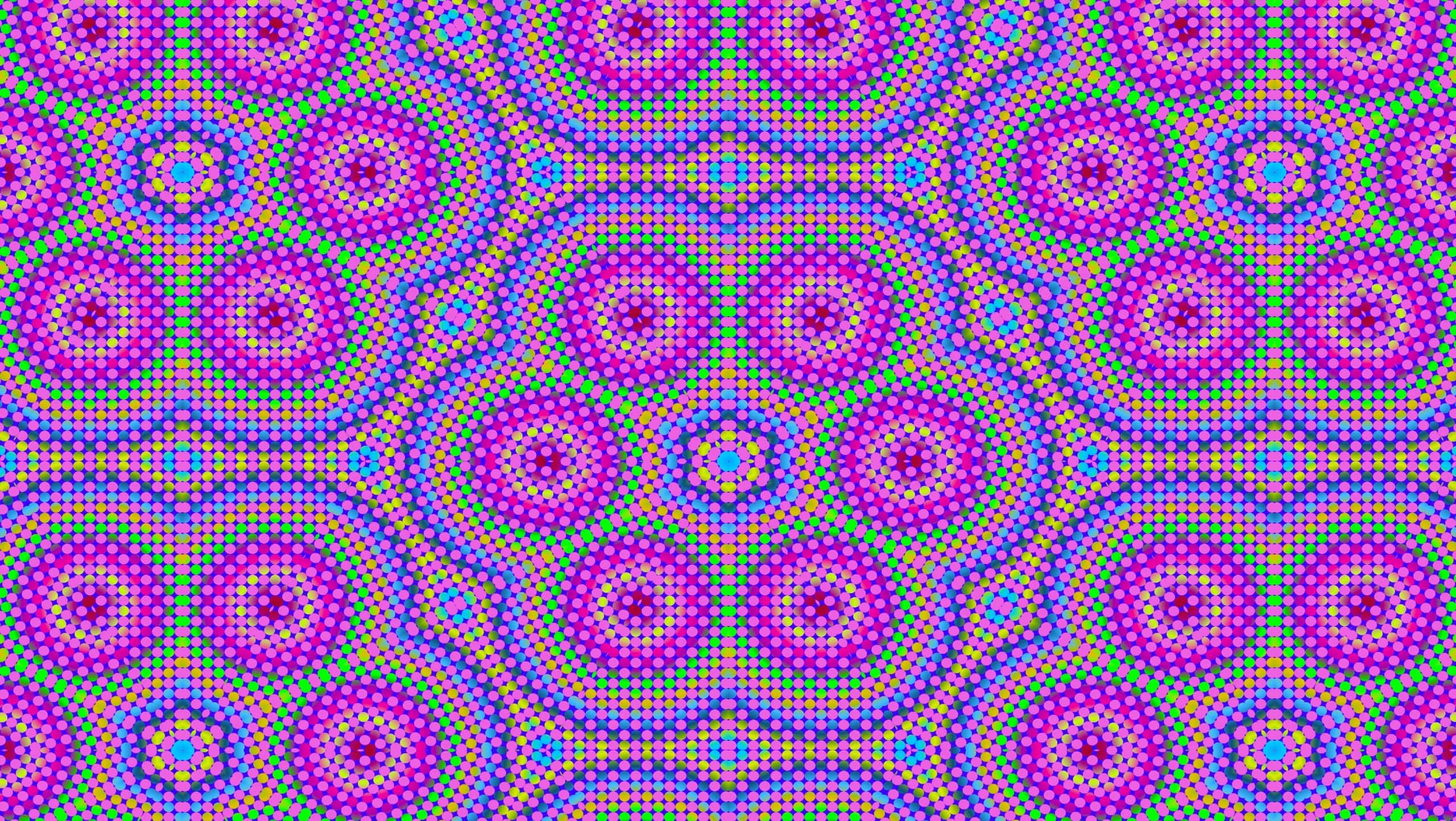 Psychedelic 3d Art 桌布 壁紙 — 充滿活力的迷幻圖案，由重複的圓形曼陀羅圖案組成，顏色為洋紅色、藍色和綠色，背景為點狀。
