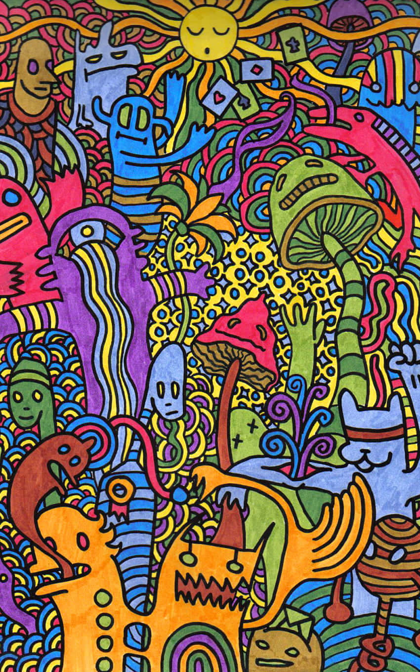 Trippy Mushroom 桌布 壁紙 — 充滿活力的迷幻塗鴉藝術，在微笑的太陽下充滿色彩繽紛的奇異生物和圖案。