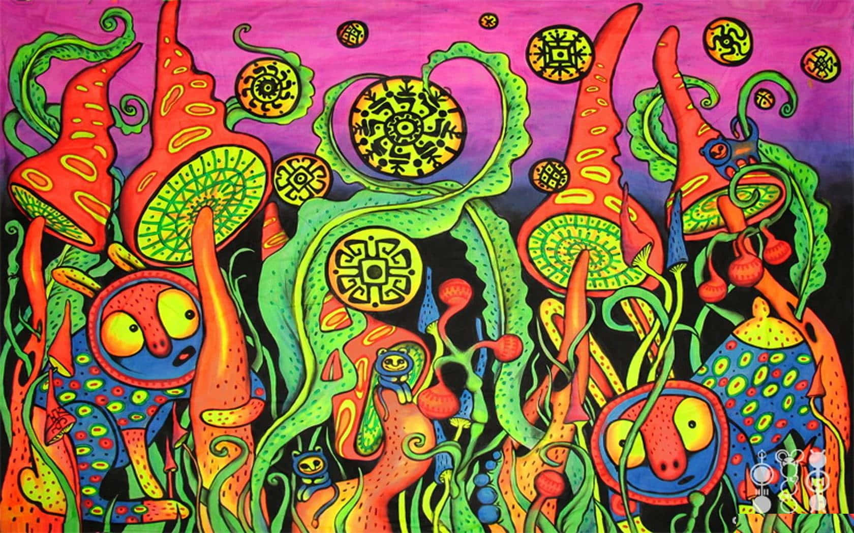Tripping 桌布 壁紙 — 充滿活力的迷幻外星景觀，在紫色天空下，有發光的橙色、綠色和藍色生物及幾何圖案。