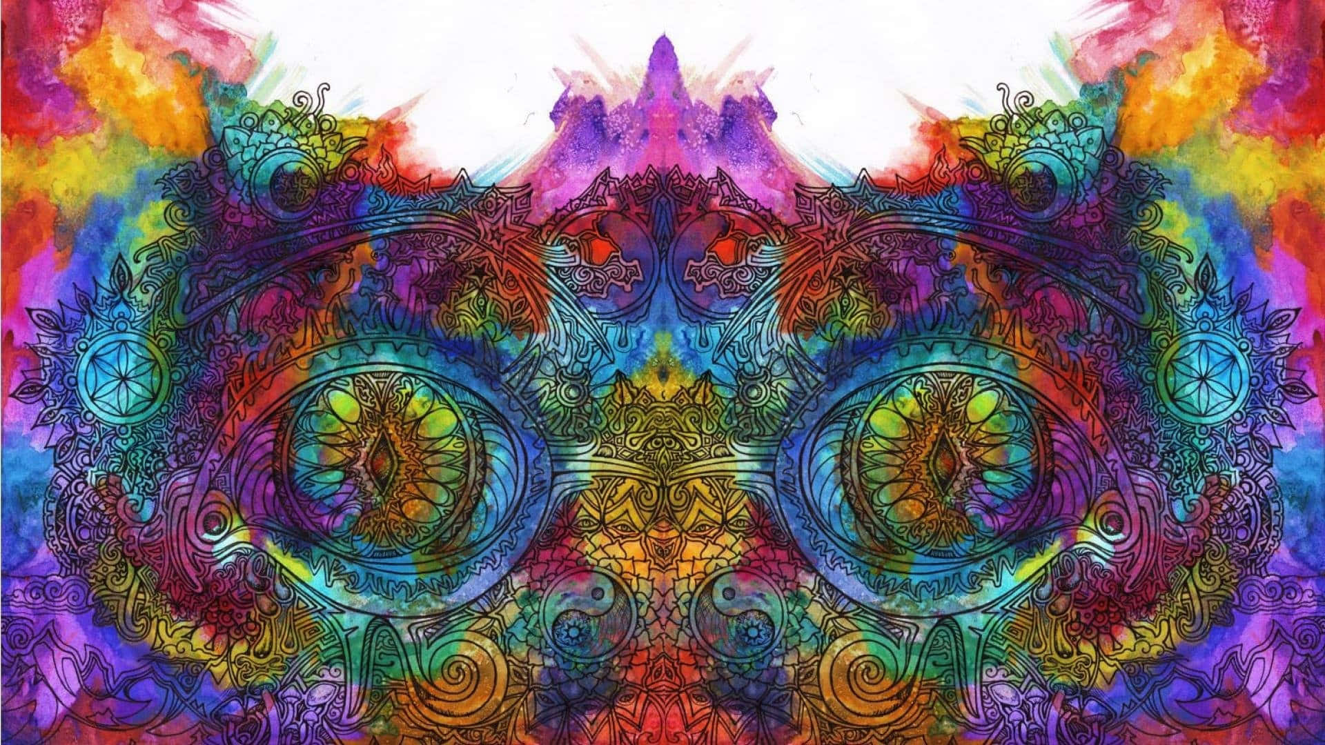 Trippy 3d Art 桌布 壁紙 — 充滿活力的迷幻對稱藝術品，帶有複雜的曼陀羅圖案和彩虹水彩潑濺，形成萬花筒般的眼睛狀設計。