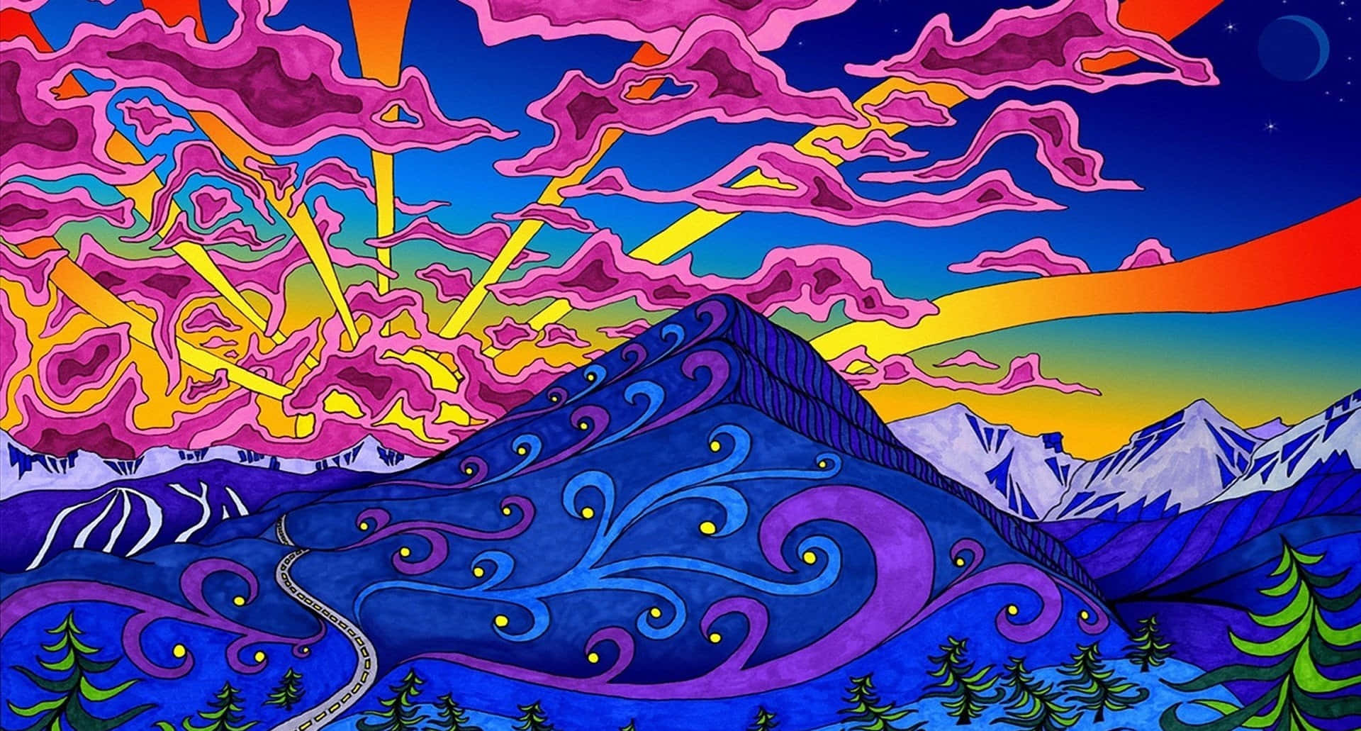 Psychedelic 3d Art 桌布 壁紙 — 充滿活力的迷幻山景，紫色雲霧旋轉，金色陽光灑在雪峰之上。