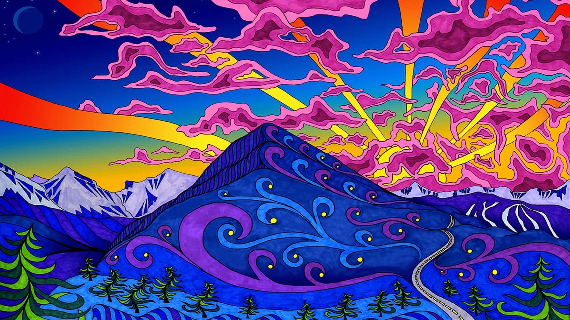 Trippy Sky 桌布 壁紙 — 充滿活力的迷幻山脈，在旋轉的彩虹天空下，帶有發光的陽光光束和風格化的松樹。