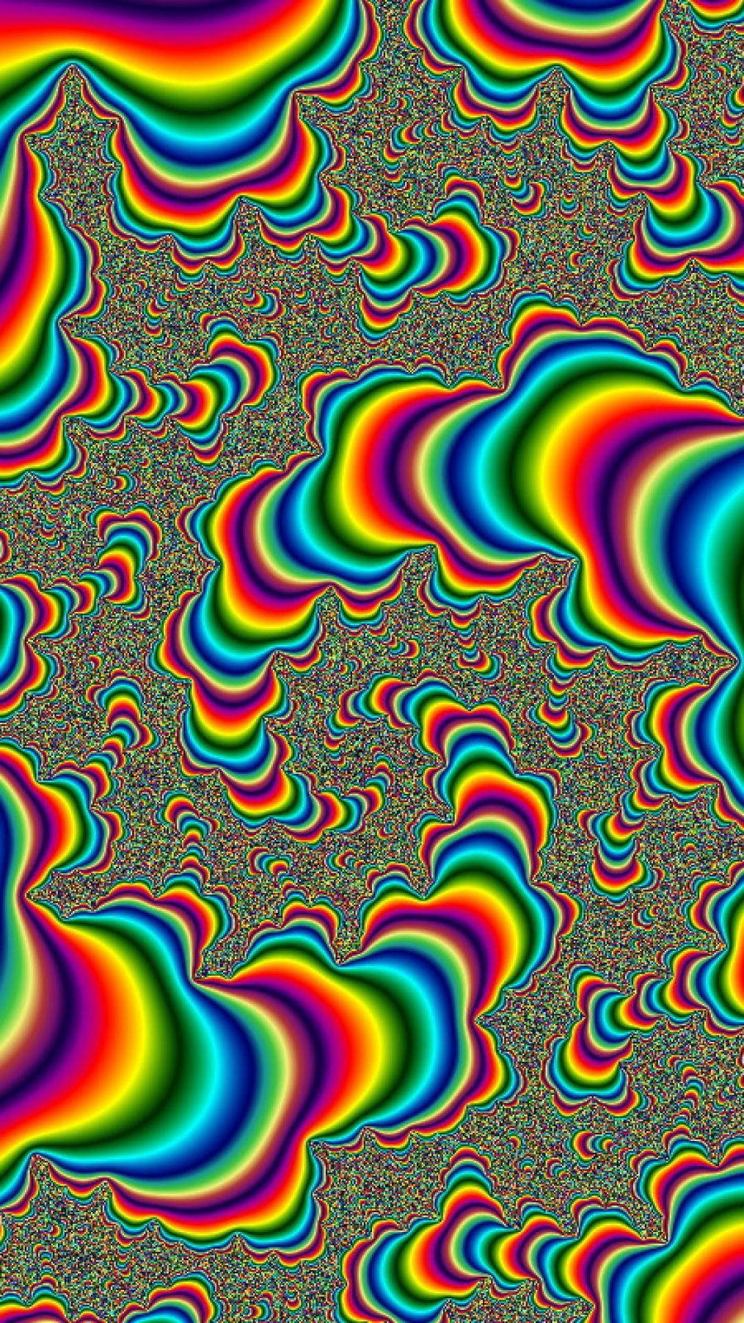 抽象 桌布 壁紙 — 充滿活力的迷幻彩虹色漩渦在混亂的像素化背景上蕩漾。