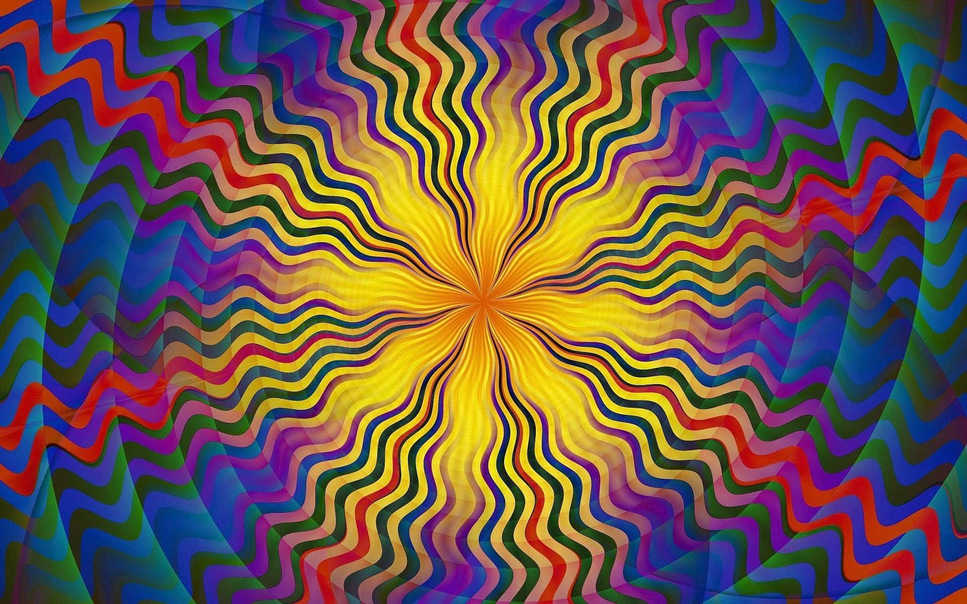 Visuals 桌布 壁紙 — 充滿活力的迷幻波浪從金色中心以迷人的彩虹螺旋圖案向外輻射。