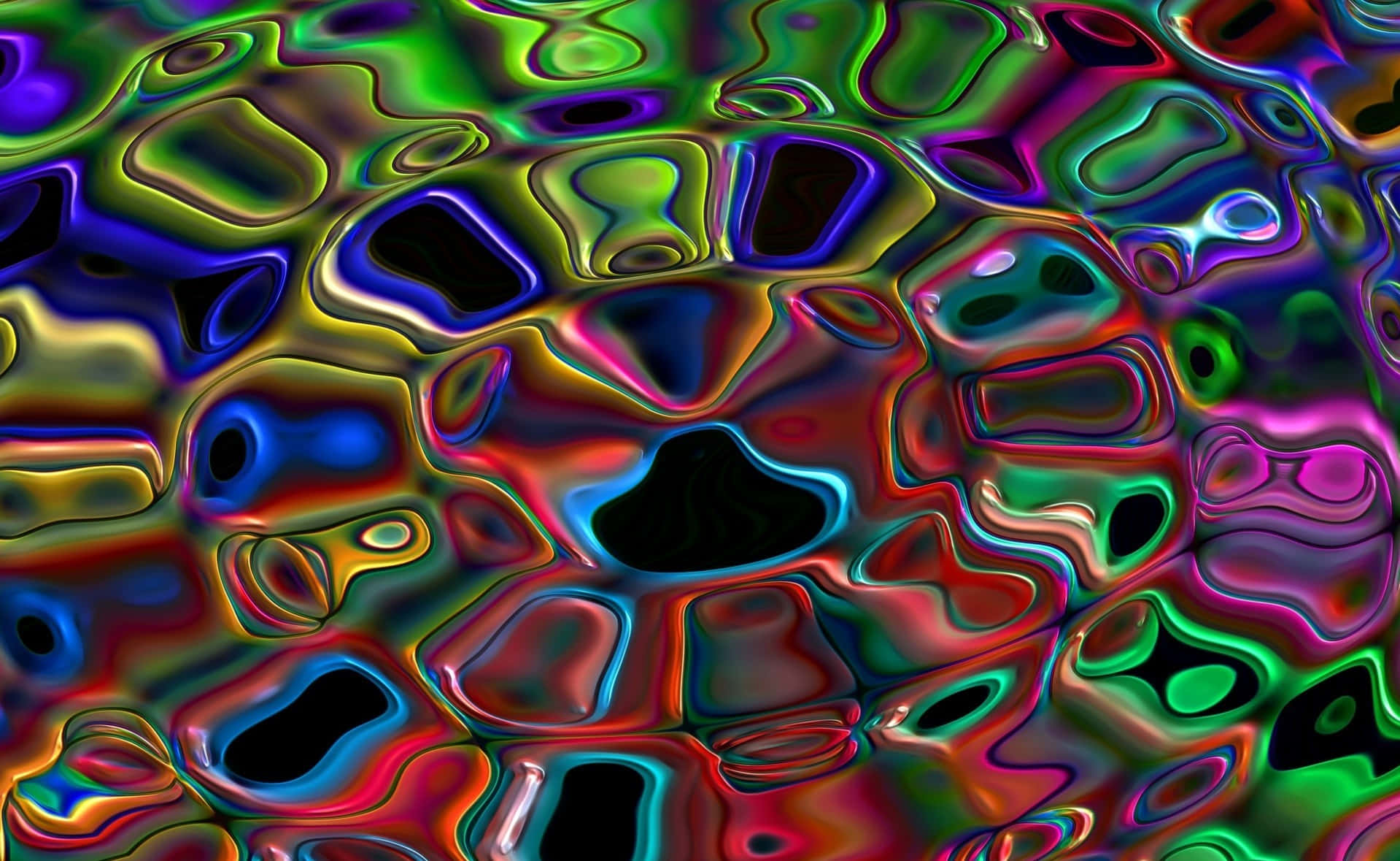 Trippy 3d Art 桌布 壁紙 — 充滿活力的迷幻液體漩渦，霓虹色彩在黑暗背景下以有機、光澤的形狀流動。