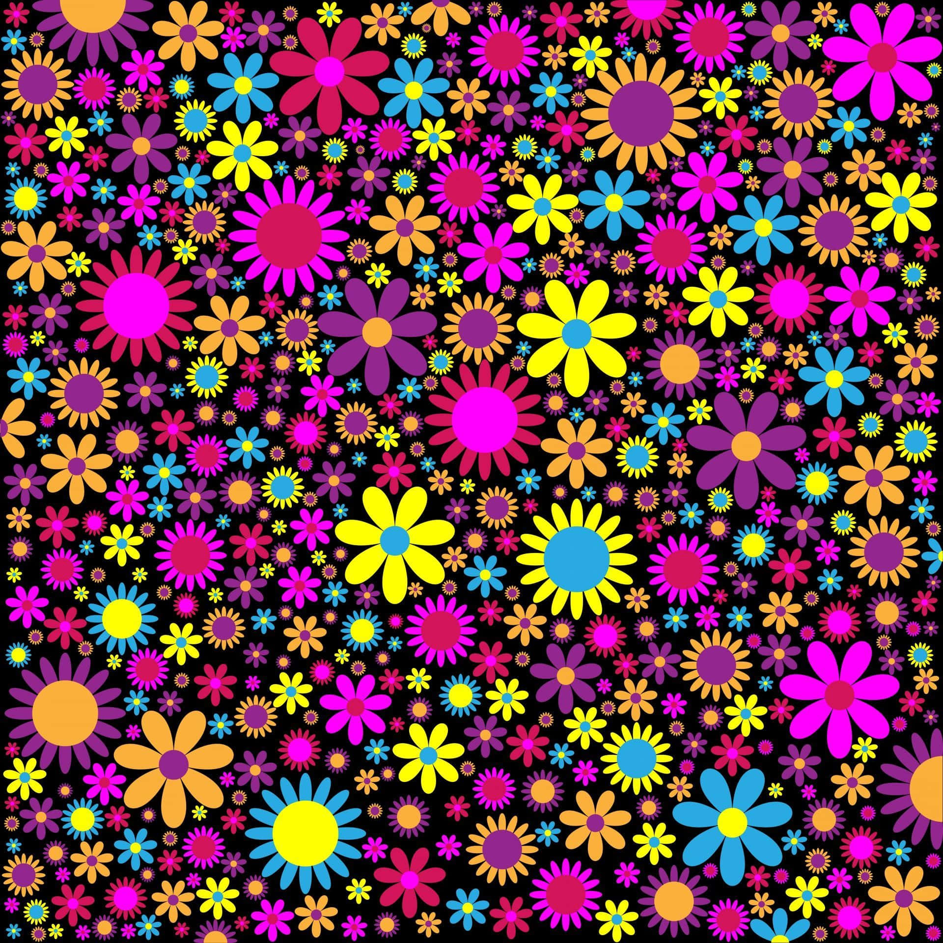 Psychedelic Flowers 桌布 壁紙 — 充滿活力的迷幻花朵以霓虹色調在黑色背景上密集重複地綻放。