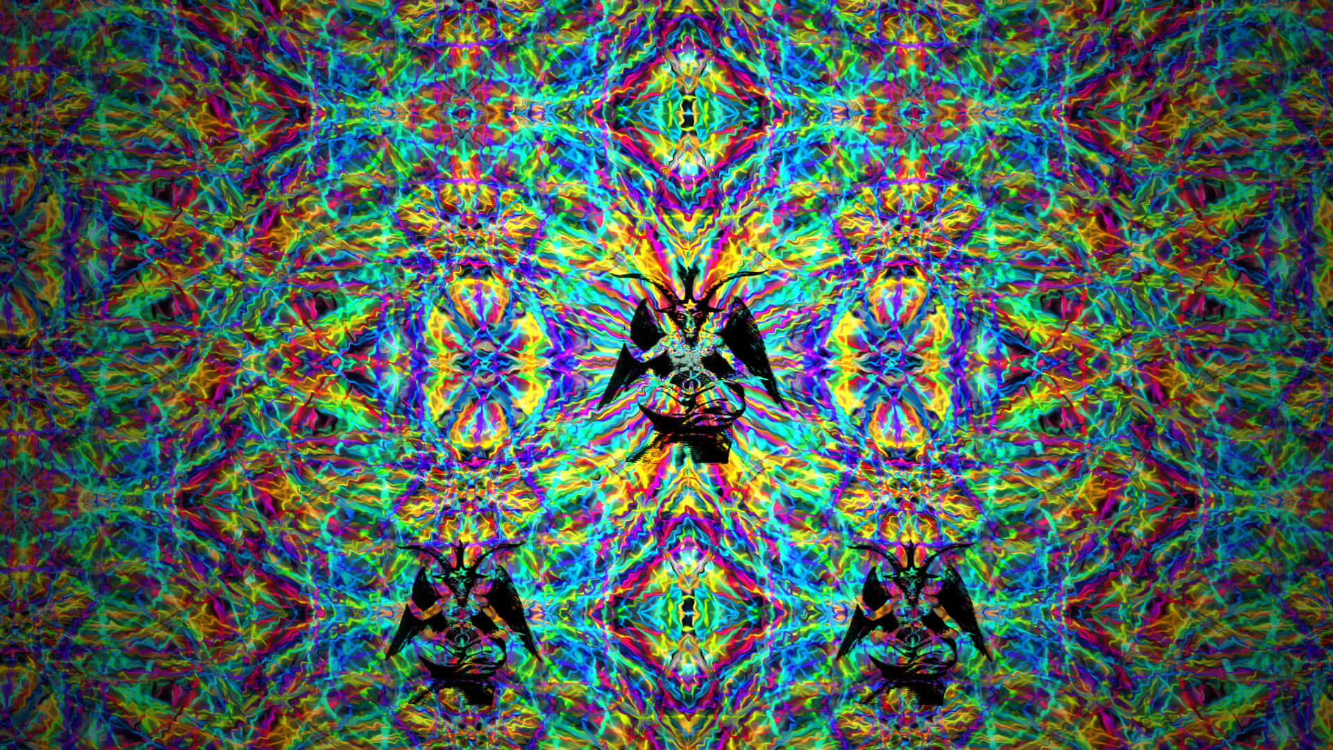 Psychedelic 3d Art 桌布 壁紙 — 充滿活力的迷幻萬花筒，帶有鏡像惡魔剪影，背景是旋轉的彩虹分形。