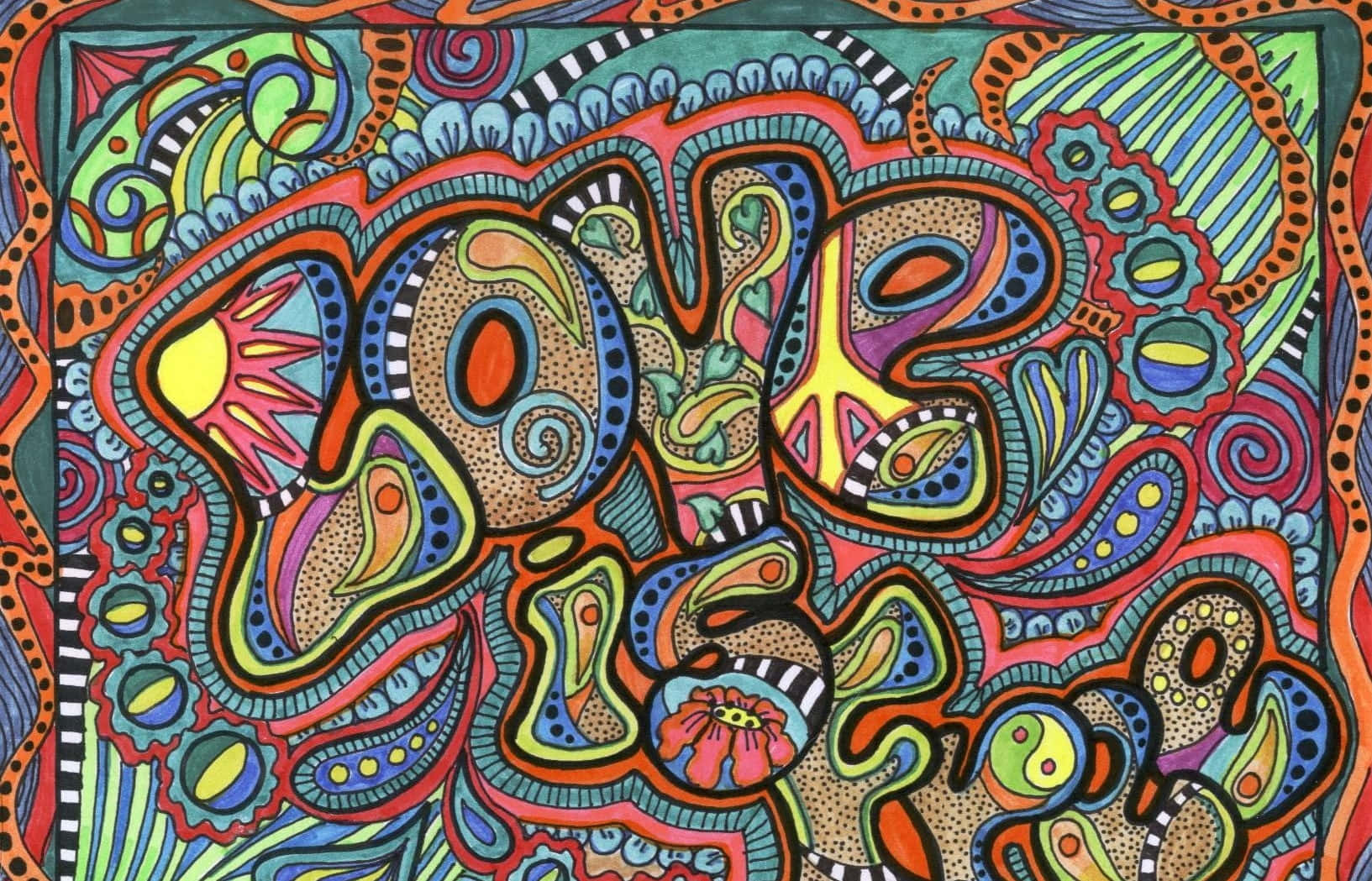 嬉皮士 桌布 壁紙 — 充滿活力的迷幻藝術作品，以旋轉圖案和鮮豔色彩構成風格化的「LOVE」字樣。