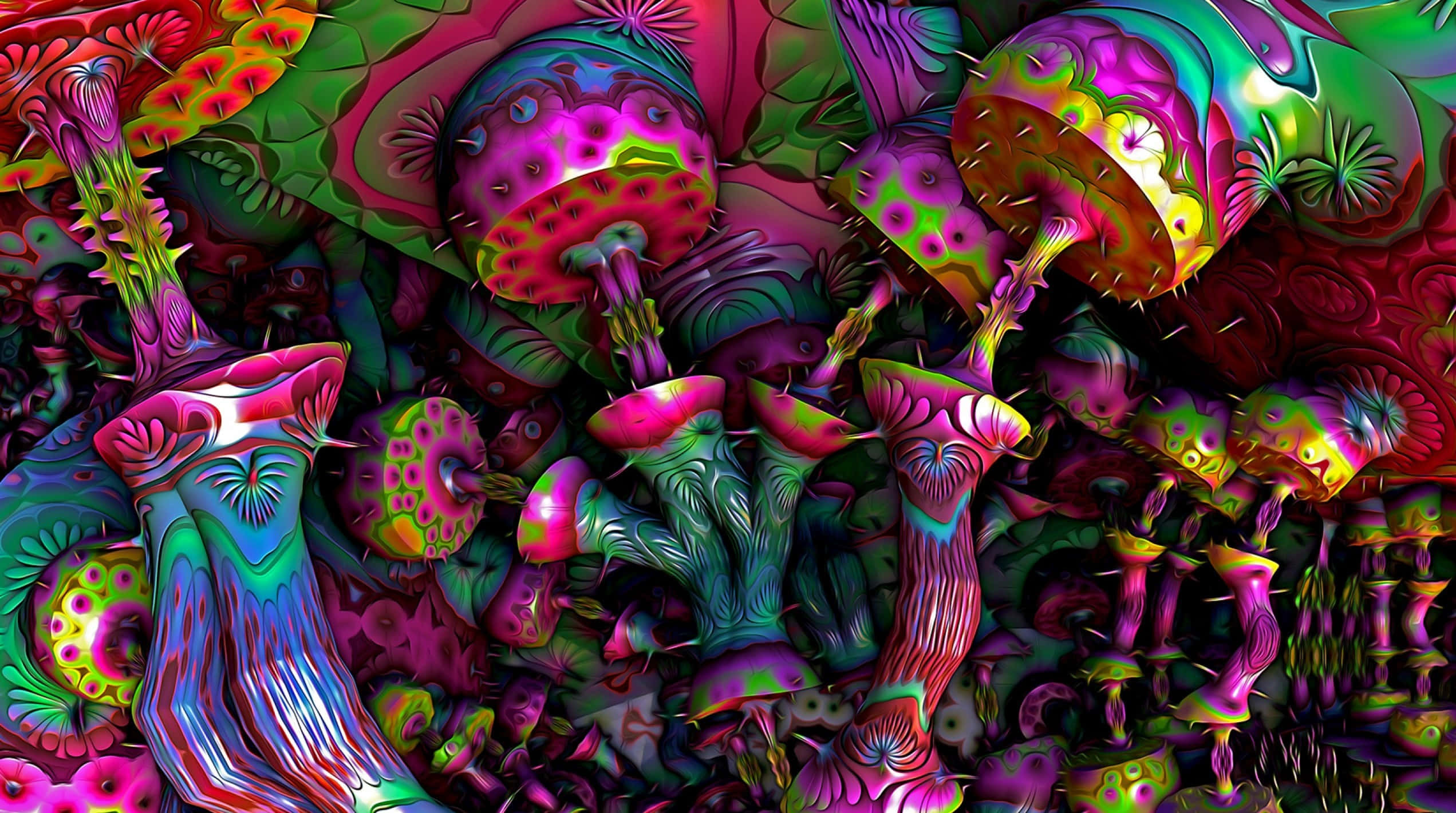 Psychedelic 3d Art 桌布 壁紙 — 充滿活力的迷幻蘑菇，帶有發光圖案和尖刺菌蓋，出現在超現實、色彩繽紛的森林場景中。