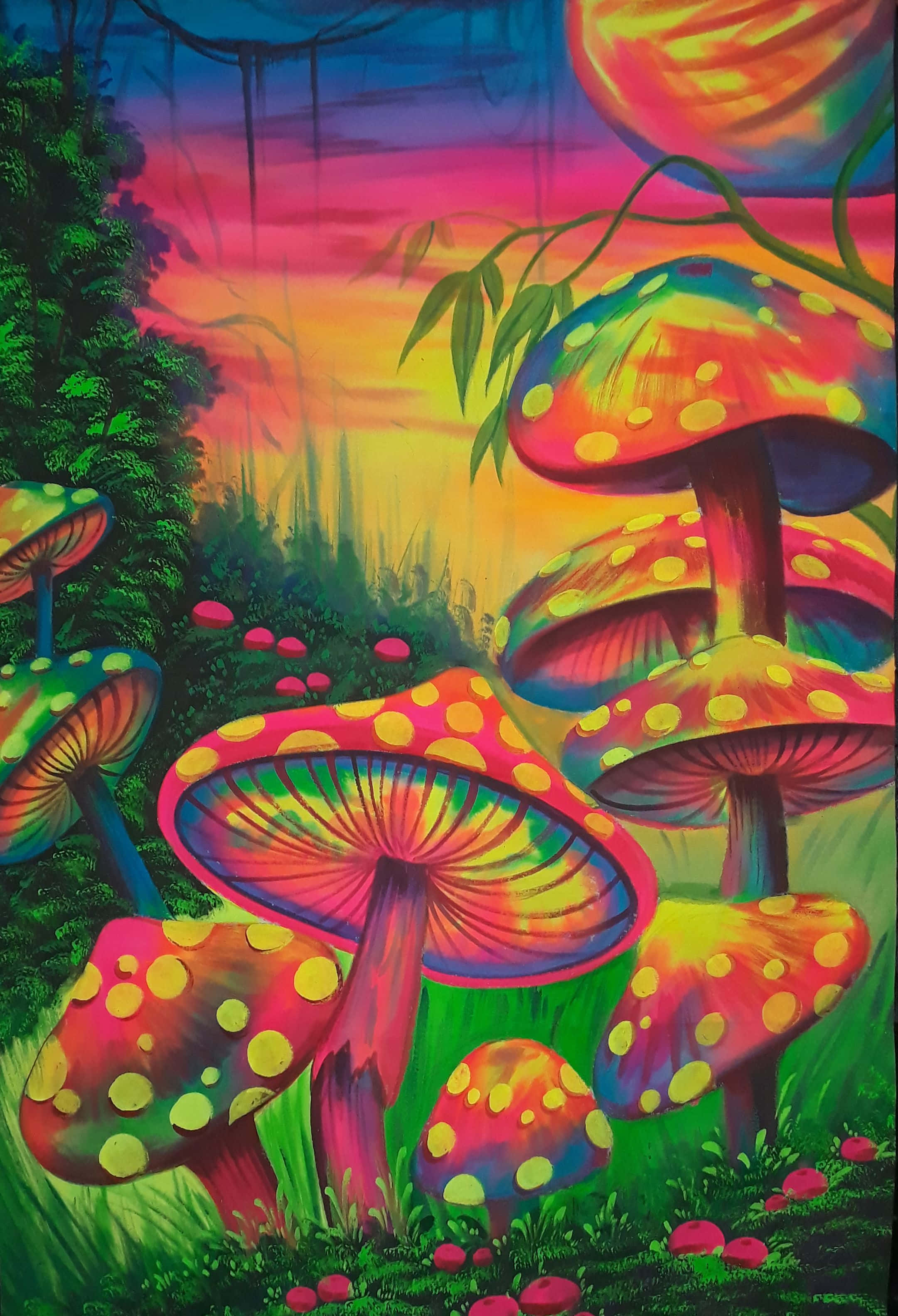 Kawaii Mushroom 桌布 壁紙 — 充滿活力的迷幻蘑菇在超現實的日落天空下發光，呈現出夢幻般的森林場景。