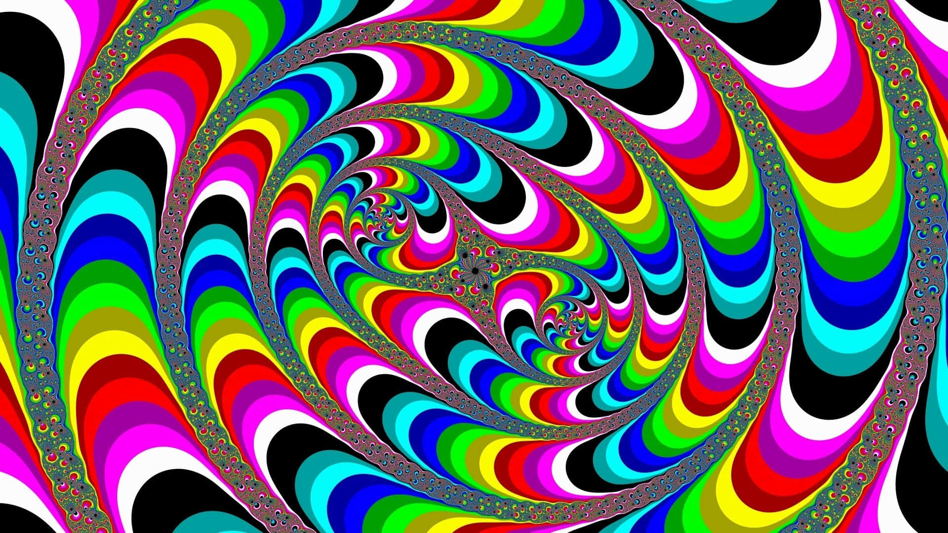 Trippy 3d Art 桌布 壁紙 — 充滿活力的迷幻螺旋，帶有彩虹色調和黑白條紋，營造出催眠漩渦效果。