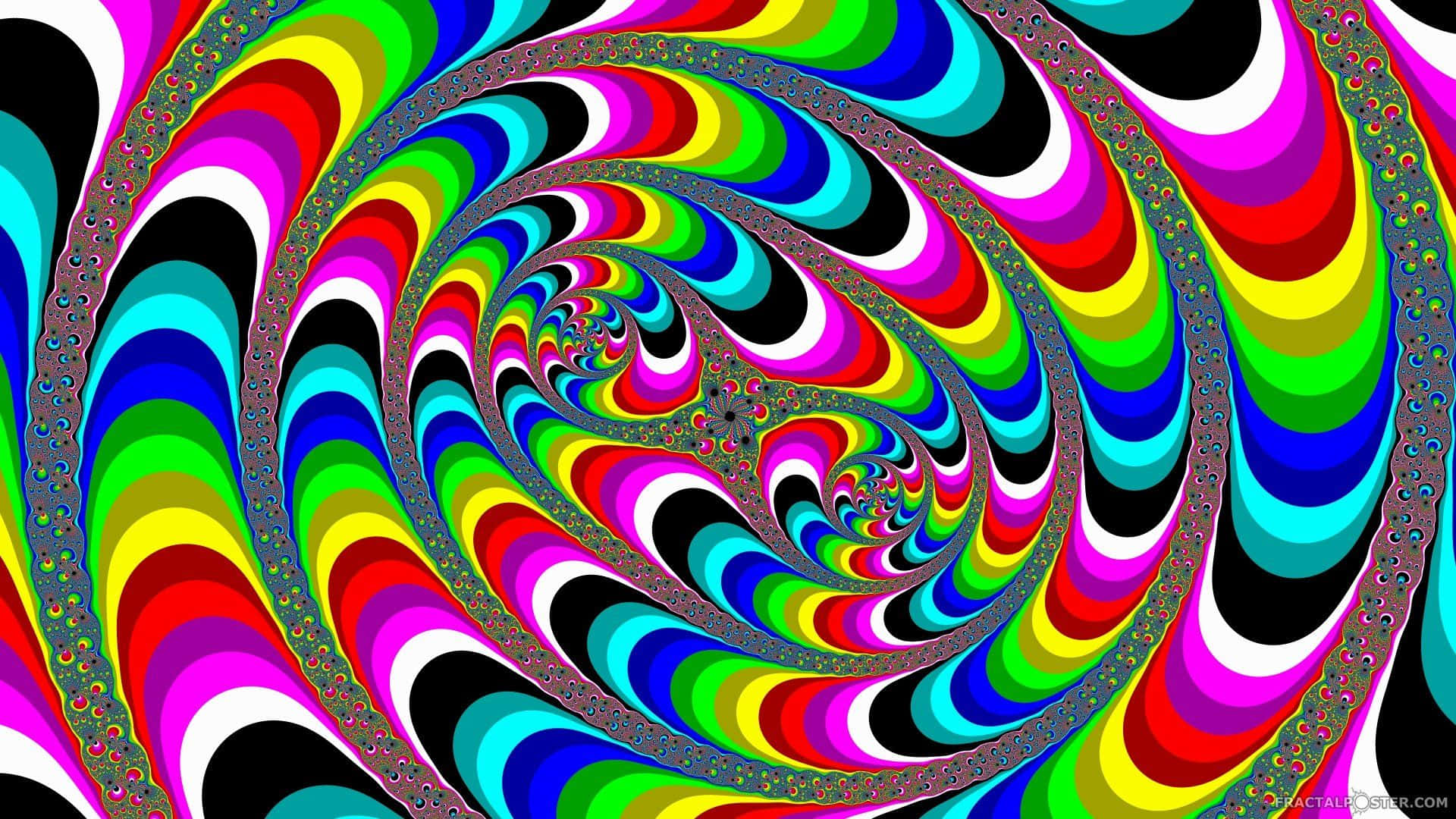 Tripping 桌布 壁紙 — 充滿活力的迷幻螺旋分形，帶有彩虹色調和黑白條紋，營造出催眠隧道效果。