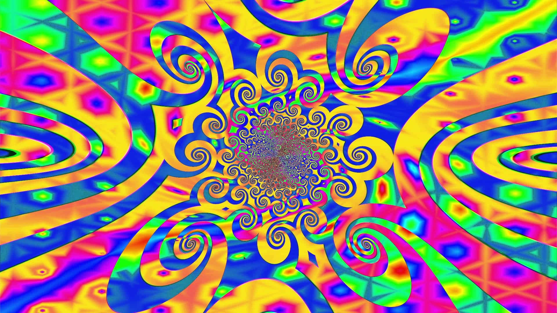 Psychedelic 3d Art 桌布 壁紙 — 充滿活力的迷幻螺旋圖案向外輻射，帶有催眠的分形幾何和電光霓虹色彩。