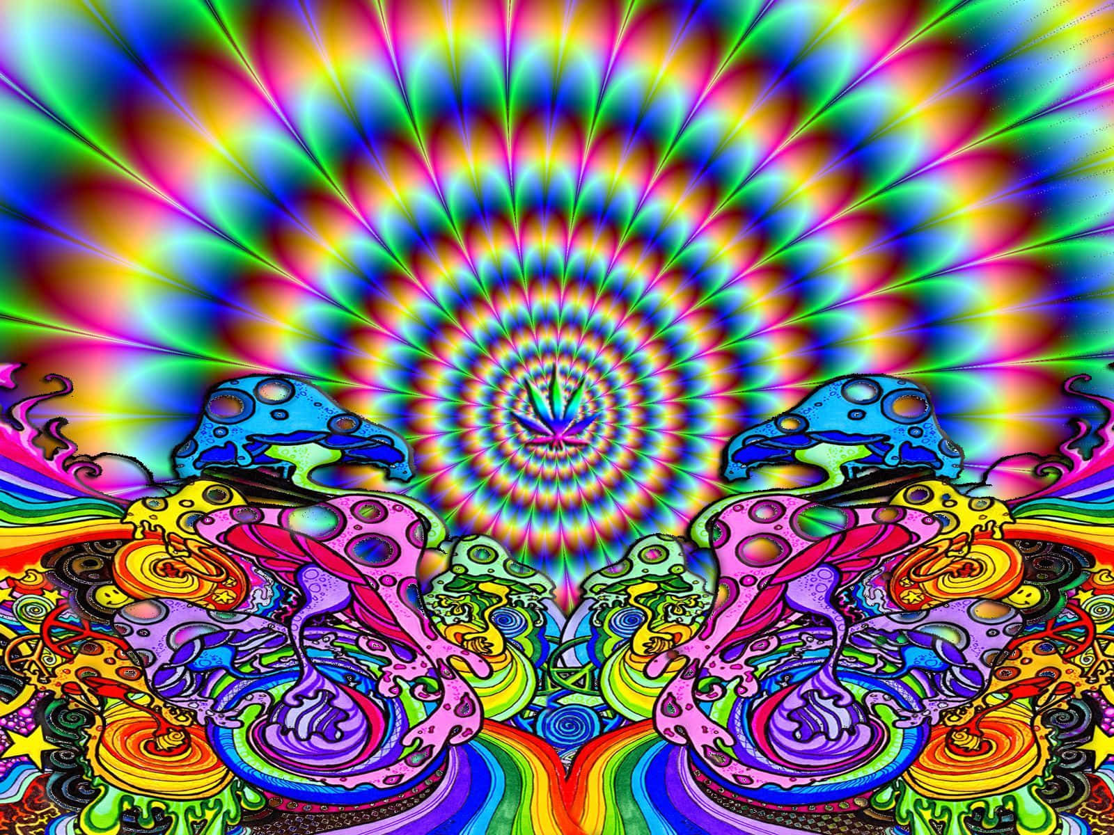 迷幻 桌布 壁紙 — 充滿活力的迷幻螺旋從中心向外輻射，前景有色彩繽紛的蘑菇狀形態。
