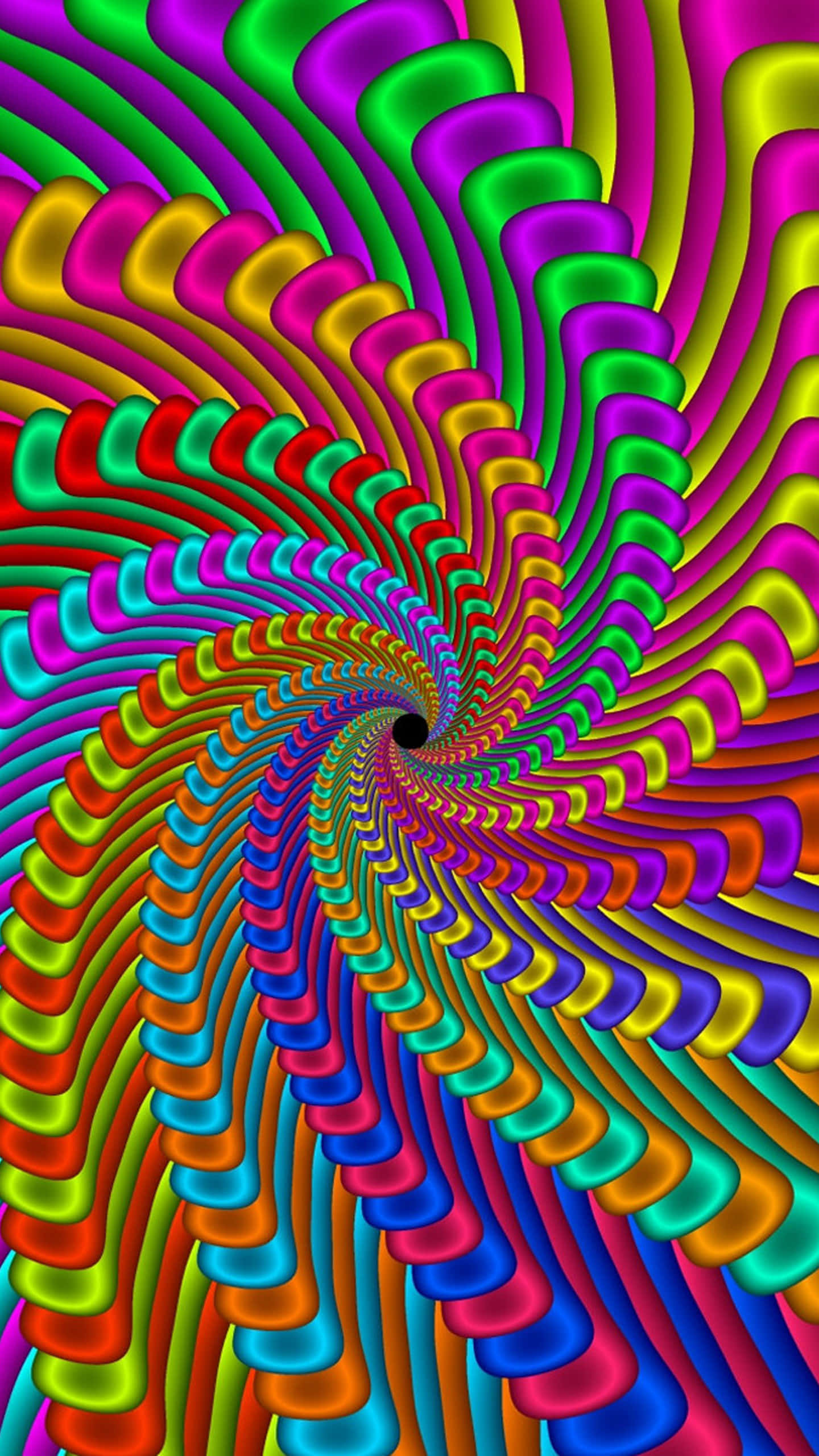 Trippy 3d Art 桌布 壁紙 — 充滿活力的迷幻螺旋隧道，帶有光澤的彩虹帶匯聚到黑暗中心。