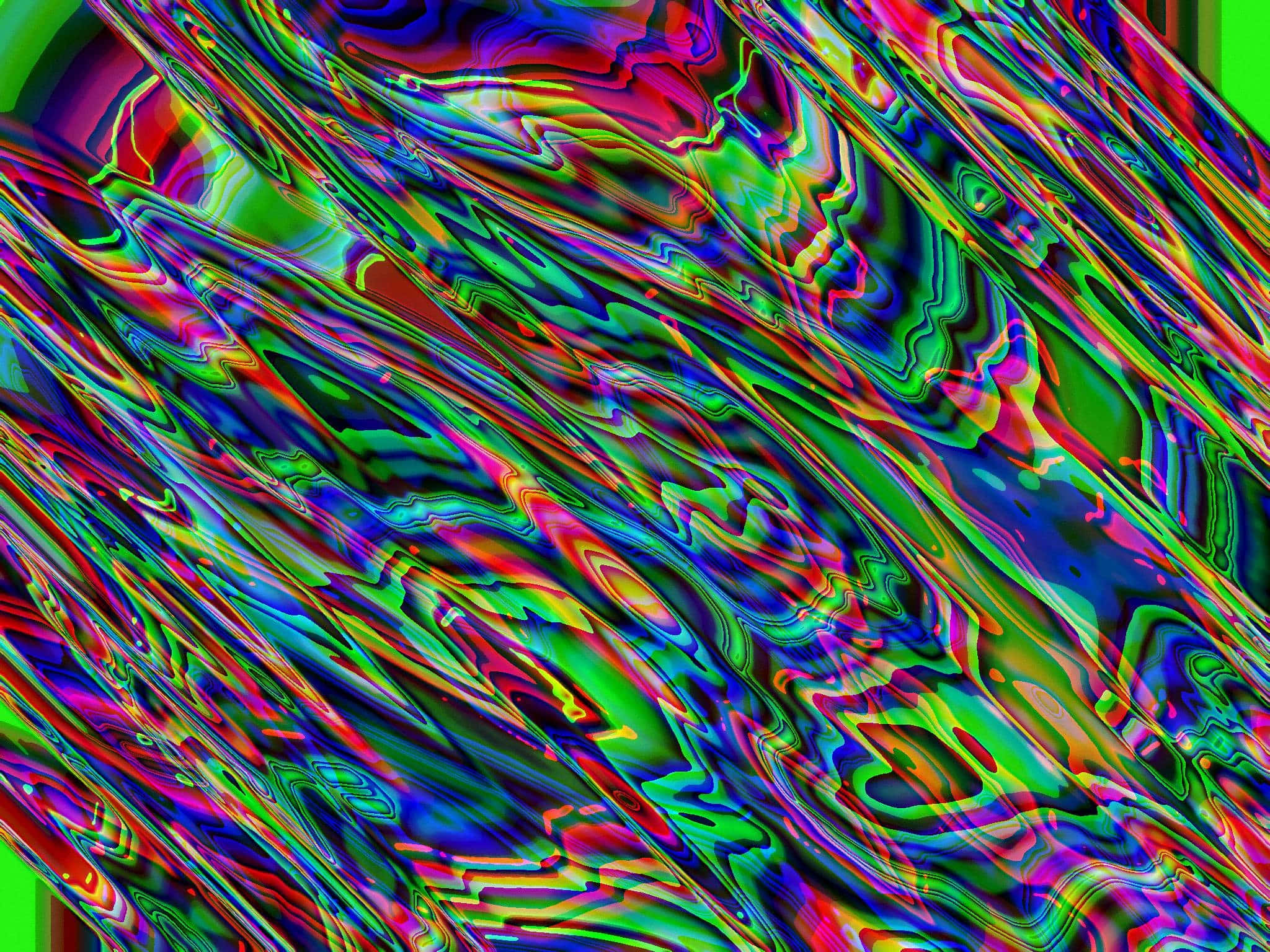 Trippy 3d Art 桌布 壁紙 — 充滿活力的迷幻霓虹色彩漩渦沿對角線流過扭曲的數位畫布。
