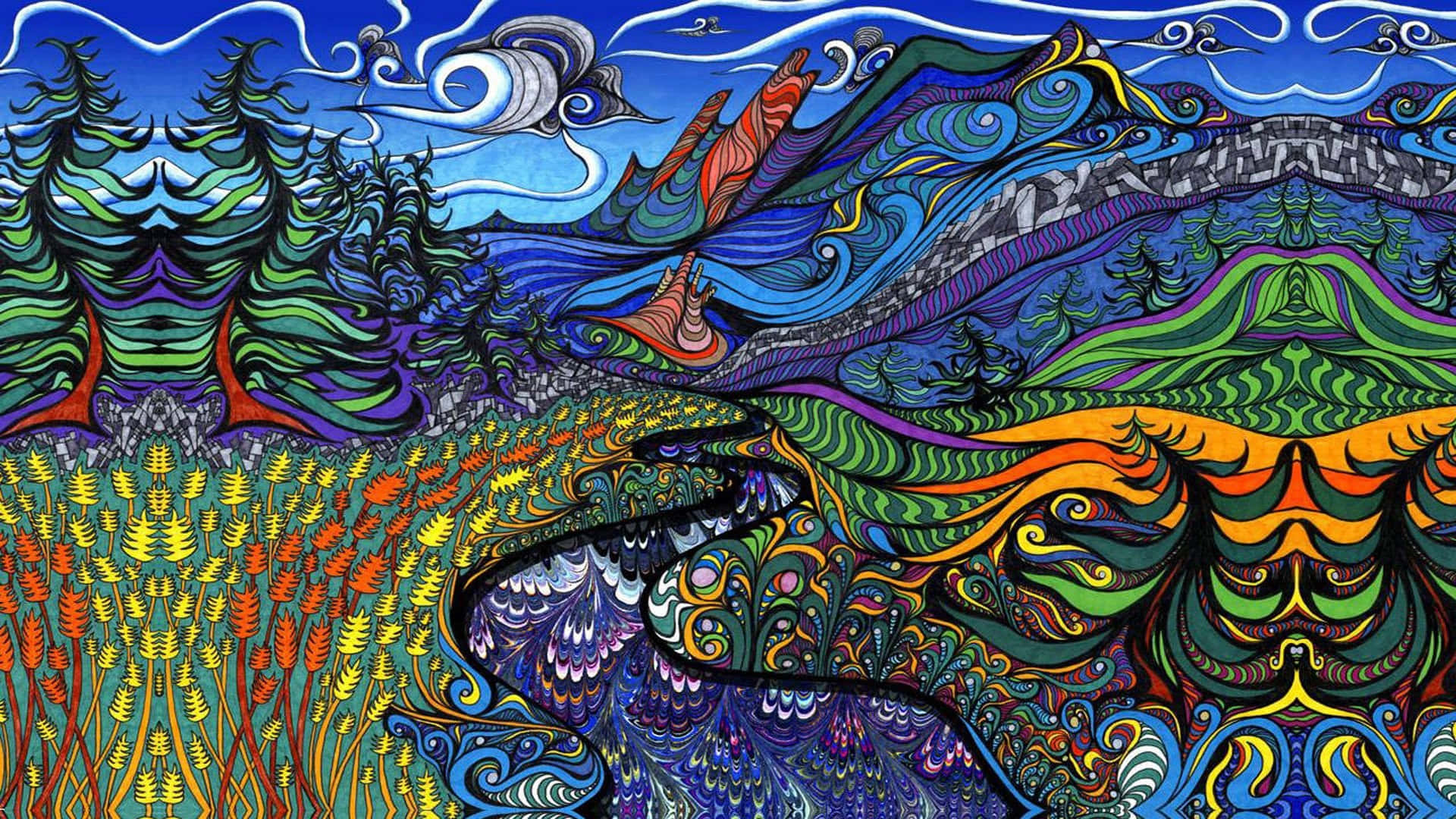 Psychedelic 3d Art 桌布 壁紙 — 充滿活力的迷幻風景，有旋轉的山脈、森林和鮮豔色彩的抽象圖案。