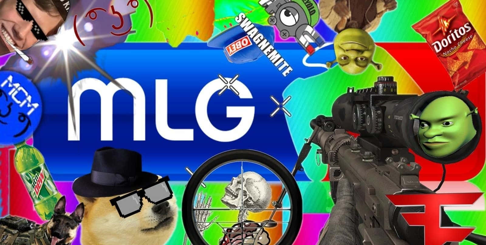 Mlg 桌布 壁紙 — 充滿活力的遊戲文化圖標拼貼畫，包括史力加、Doge、MLG 標誌和 Doritos，背景為迷幻風格。