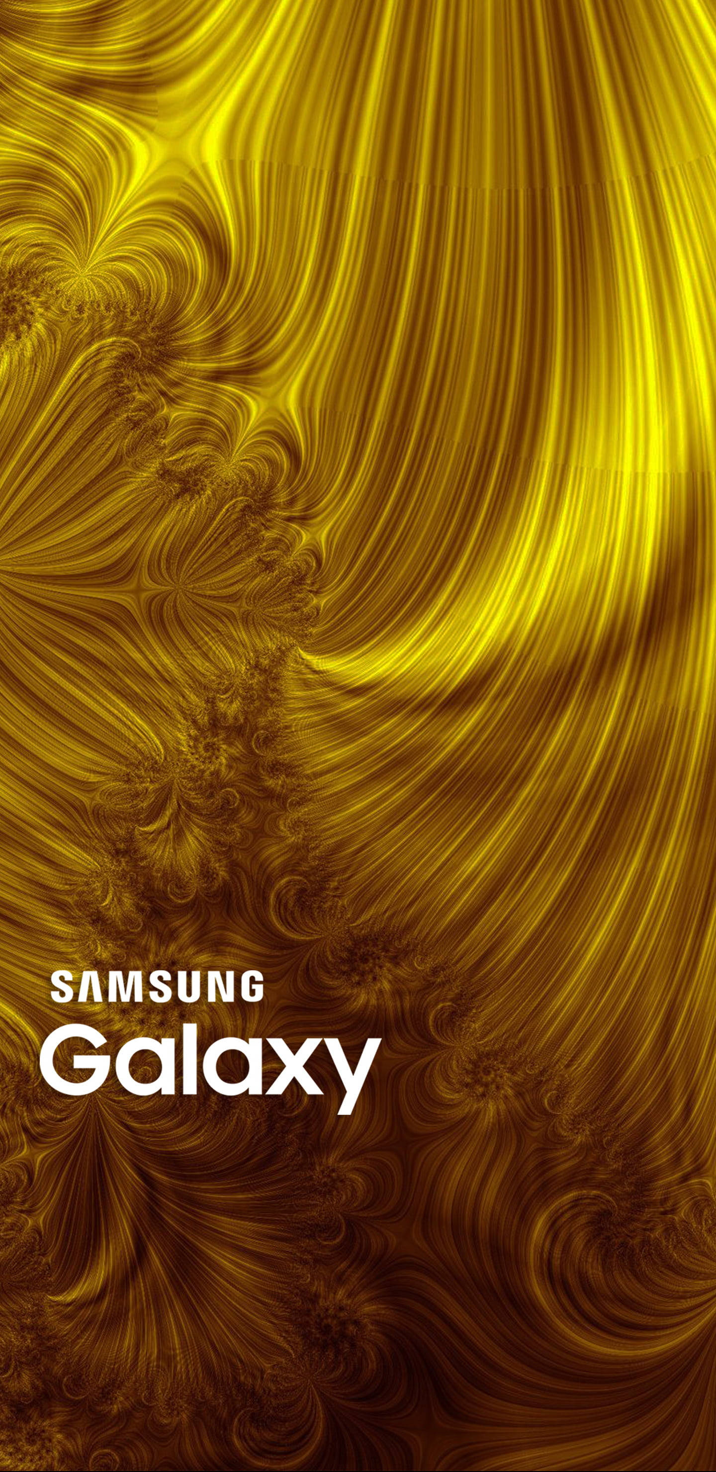 抽象藝術 桌布 壁紙 — 充滿活力的金色分形圖案在帶有Samsung Galaxy品牌的耀眼黃色背景上動態旋轉。