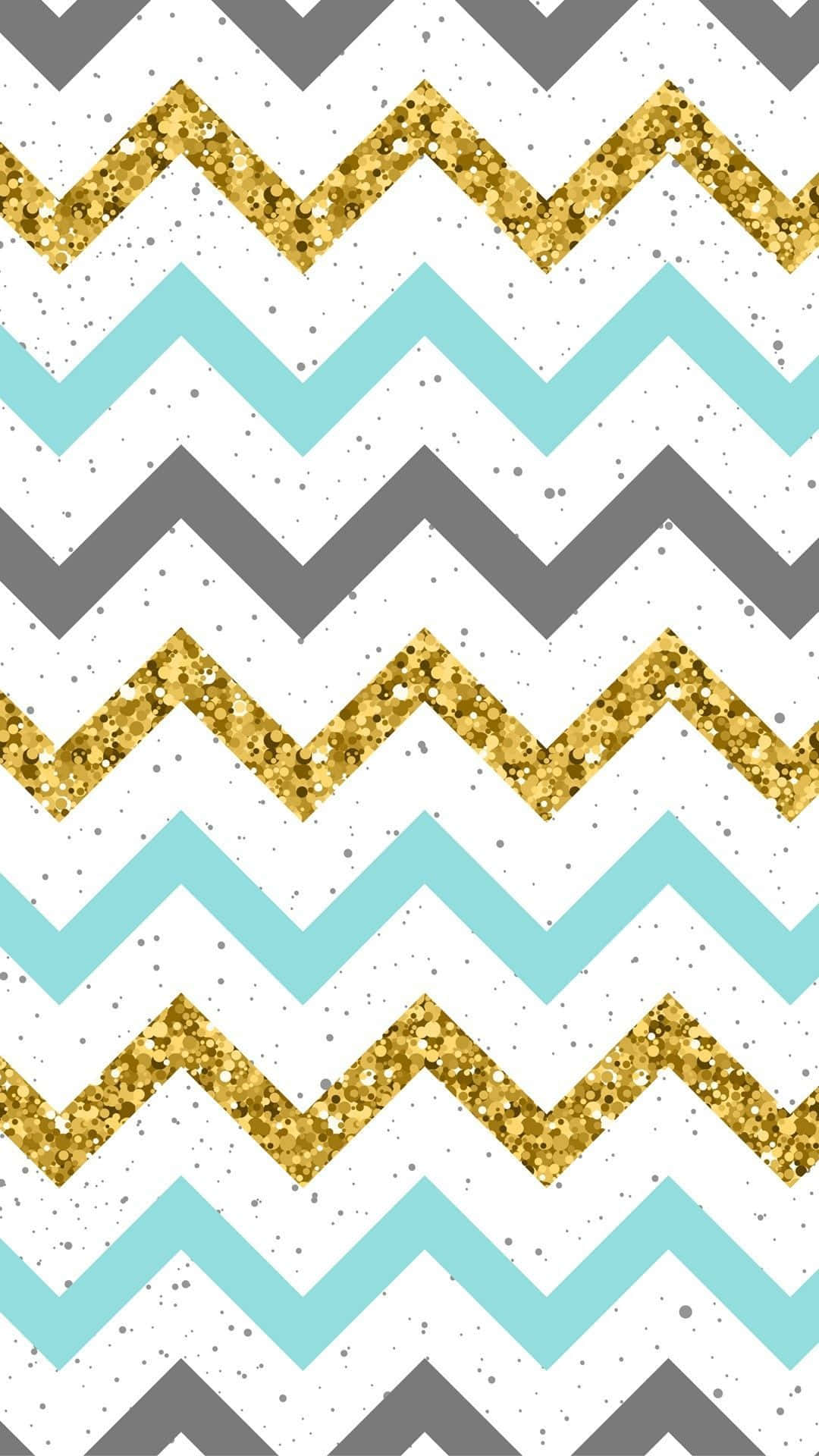 Cute Chevron 桌布 壁紙 — 充滿活力的鋸齒圖案，帶有金色閃粉、青綠色、灰色和白色條紋，背景有斑點。
