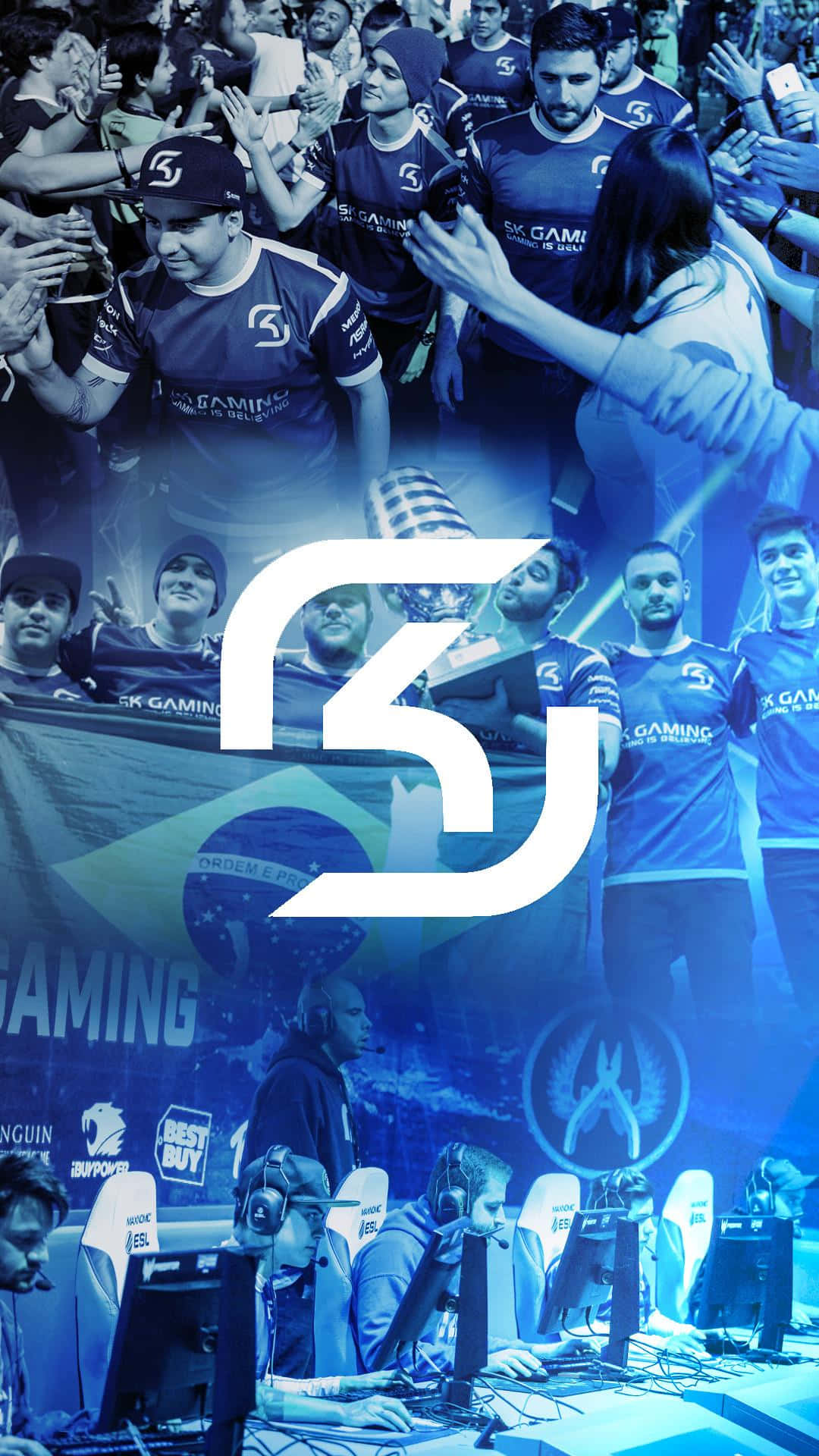 Sk Gaming 桌布 壁紙 — 充滿活力的電競隊伍SK Gaming選手在比賽中與粉絲一起在鮮豔的藍色燈光下慶祝。