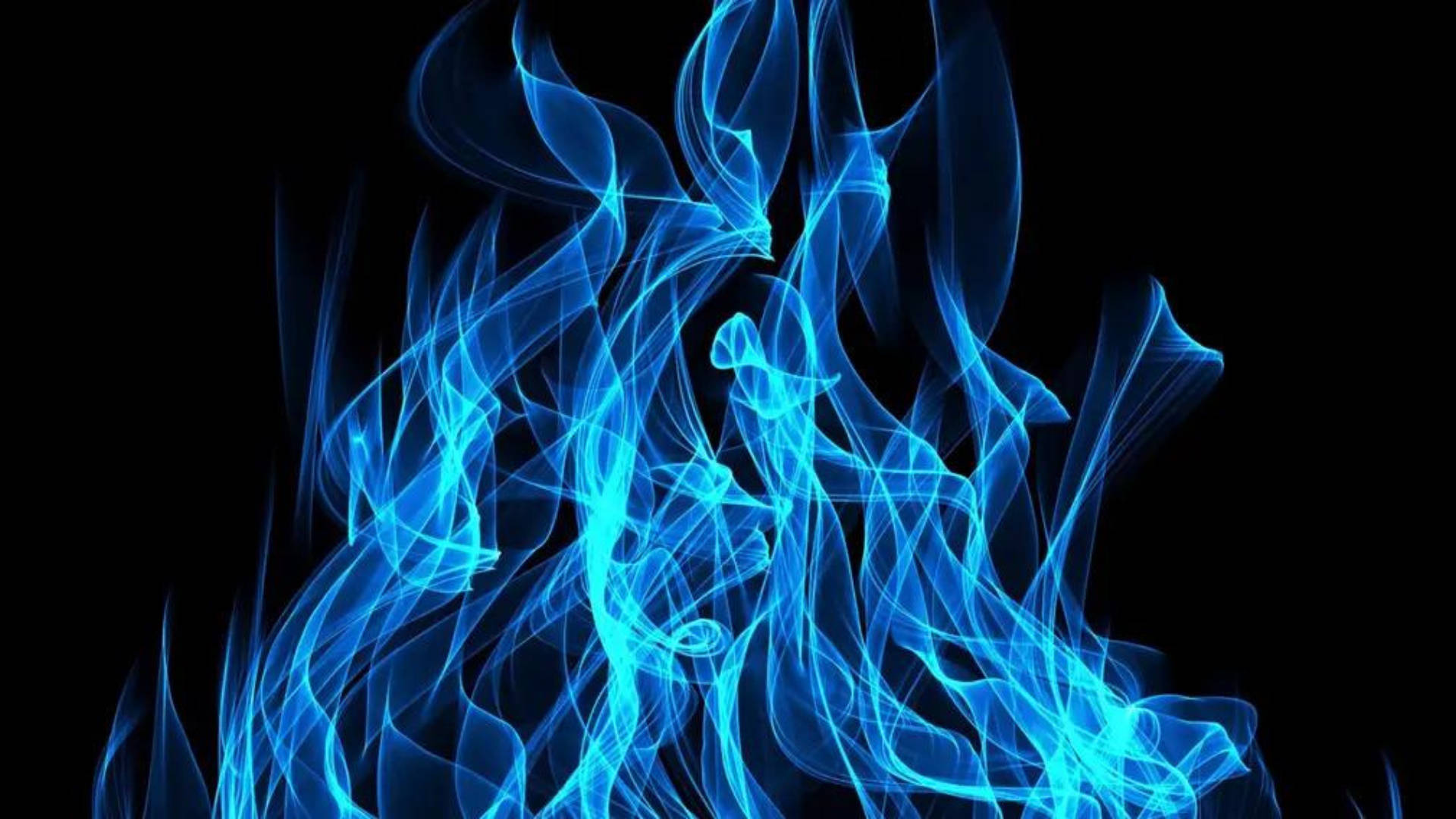 Flames 桌布 壁紙 — 充滿活力的電藍色火焰在純黑虛空中扭曲翻騰，形成數位抽象構圖。