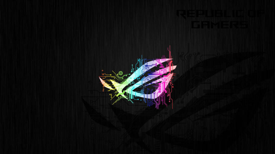 Gaming Logos 桌布 壁紙 — 充滿活力的電路標誌在深色紋理背景上發出彩虹色調，帶有模糊的 'Republic of Gamers' 文字。