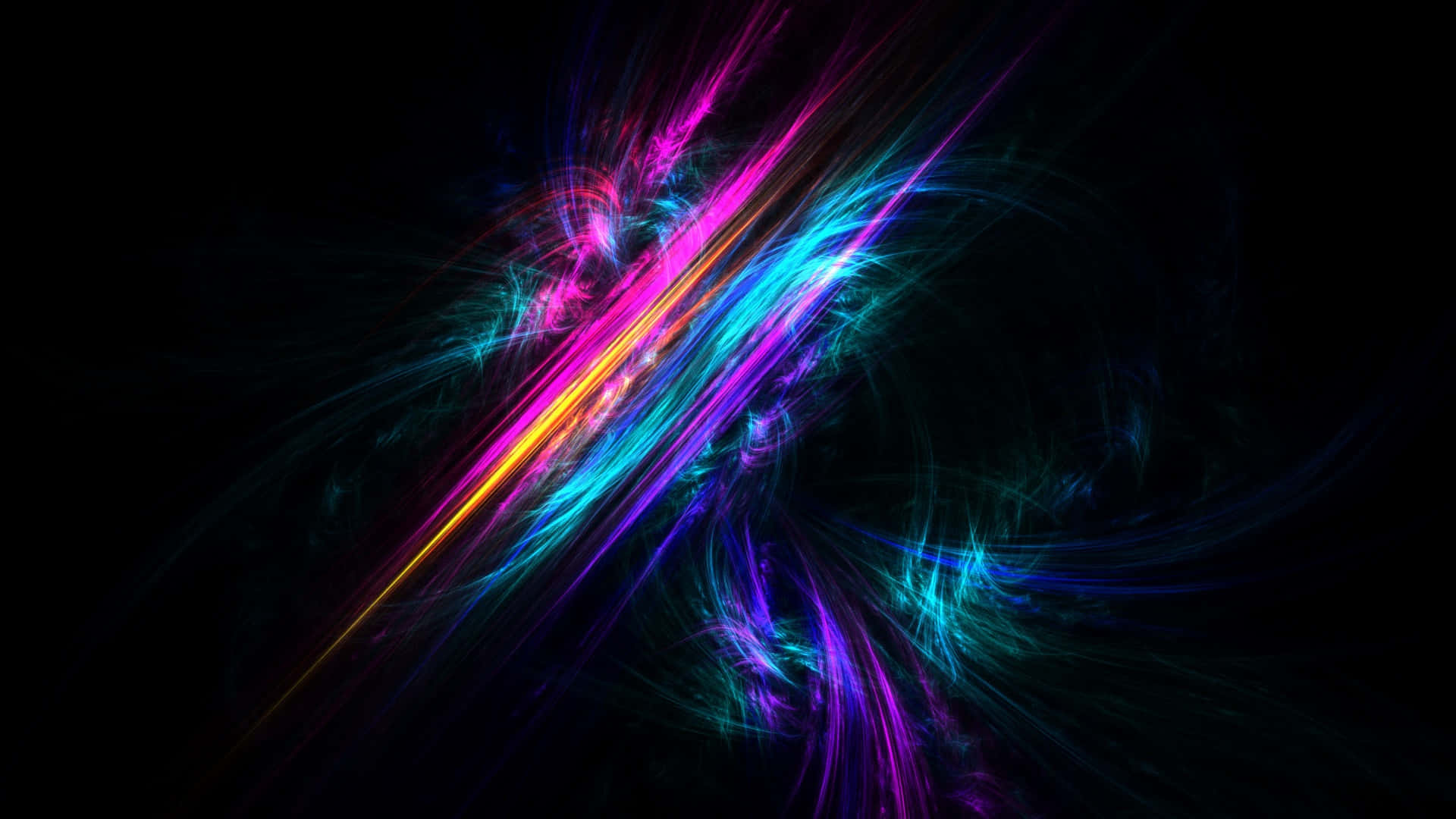 Dark Abstract Art 桌布 壁紙 — 充滿活力的霓虹分形能量條紋以對角線方式穿過黑色虛空，形成動態數位爆炸。