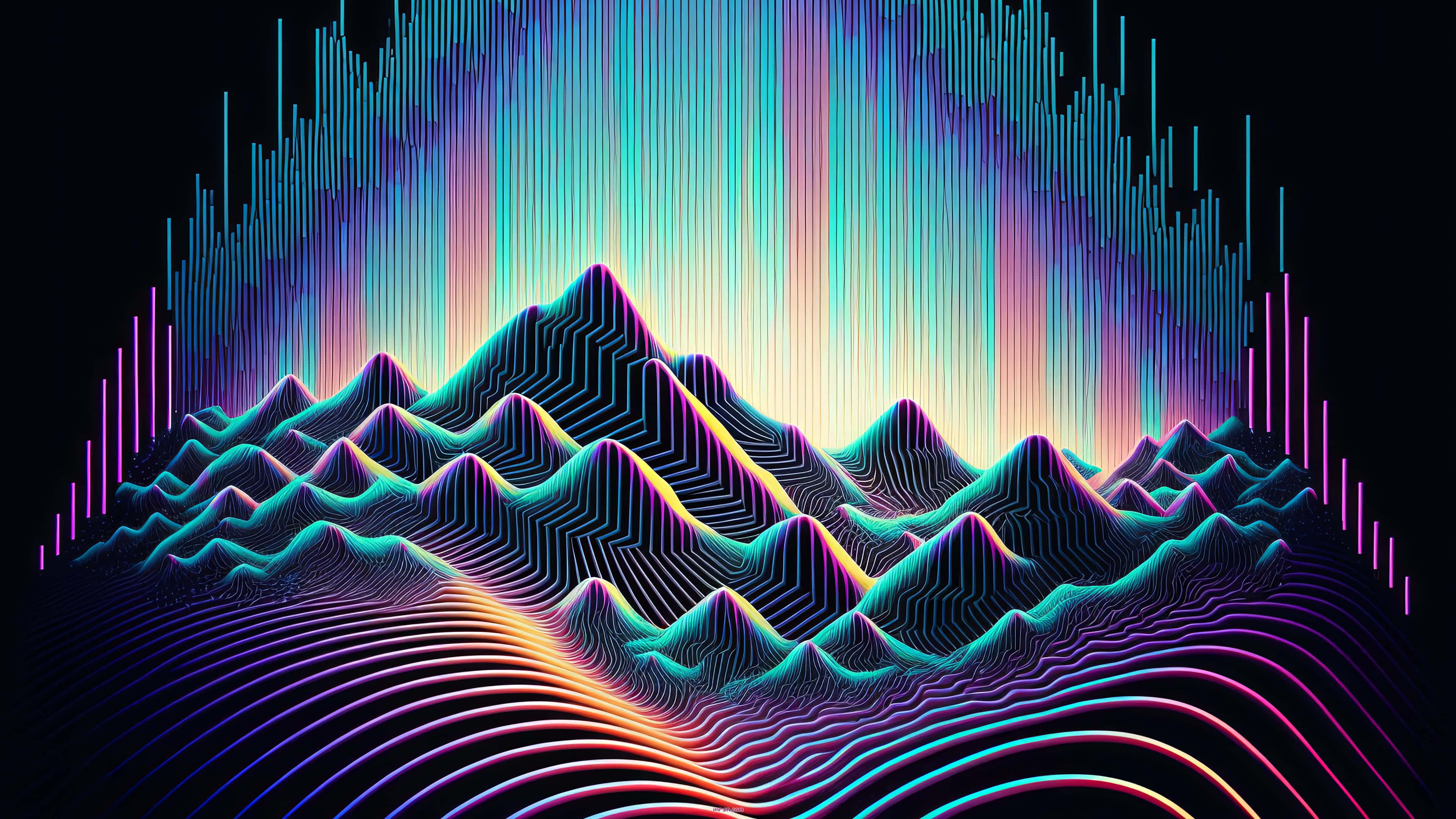 3d Abstract 桌布 壁紙 — 充滿活力的霓虹山脈在黑暗的天空中升起，帶有發光的垂直條紋和波浪線，呈現電光藍、粉紅和黃色。