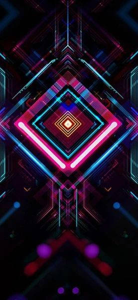 對稱的霓虹幾何圖案在黑暗的數位背景上發光。