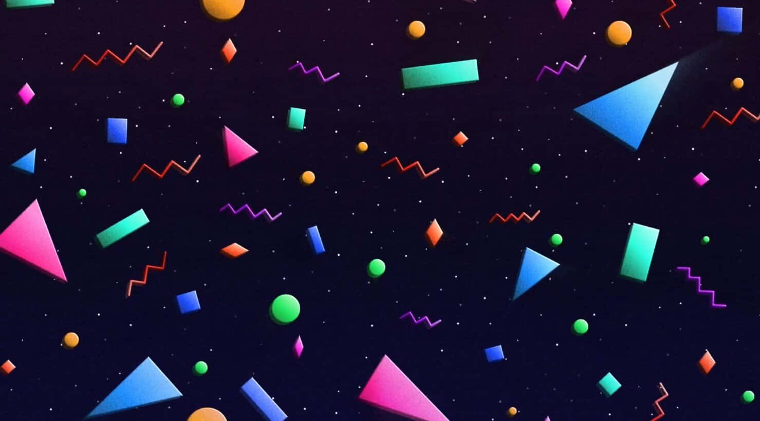 Beautiful Retro 桌布 壁紙 — 充滿活力的霓虹幾何形狀在星空黑暗背景上漂浮，呈現復古未來主義風格。