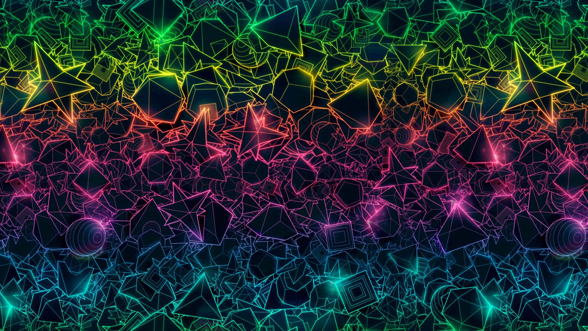 Trippy Neon Lights 桌布 壁紙 — 充滿活力的霓虹幾何形狀在黑暗背景上發光，形成動態的數碼抽象構圖。