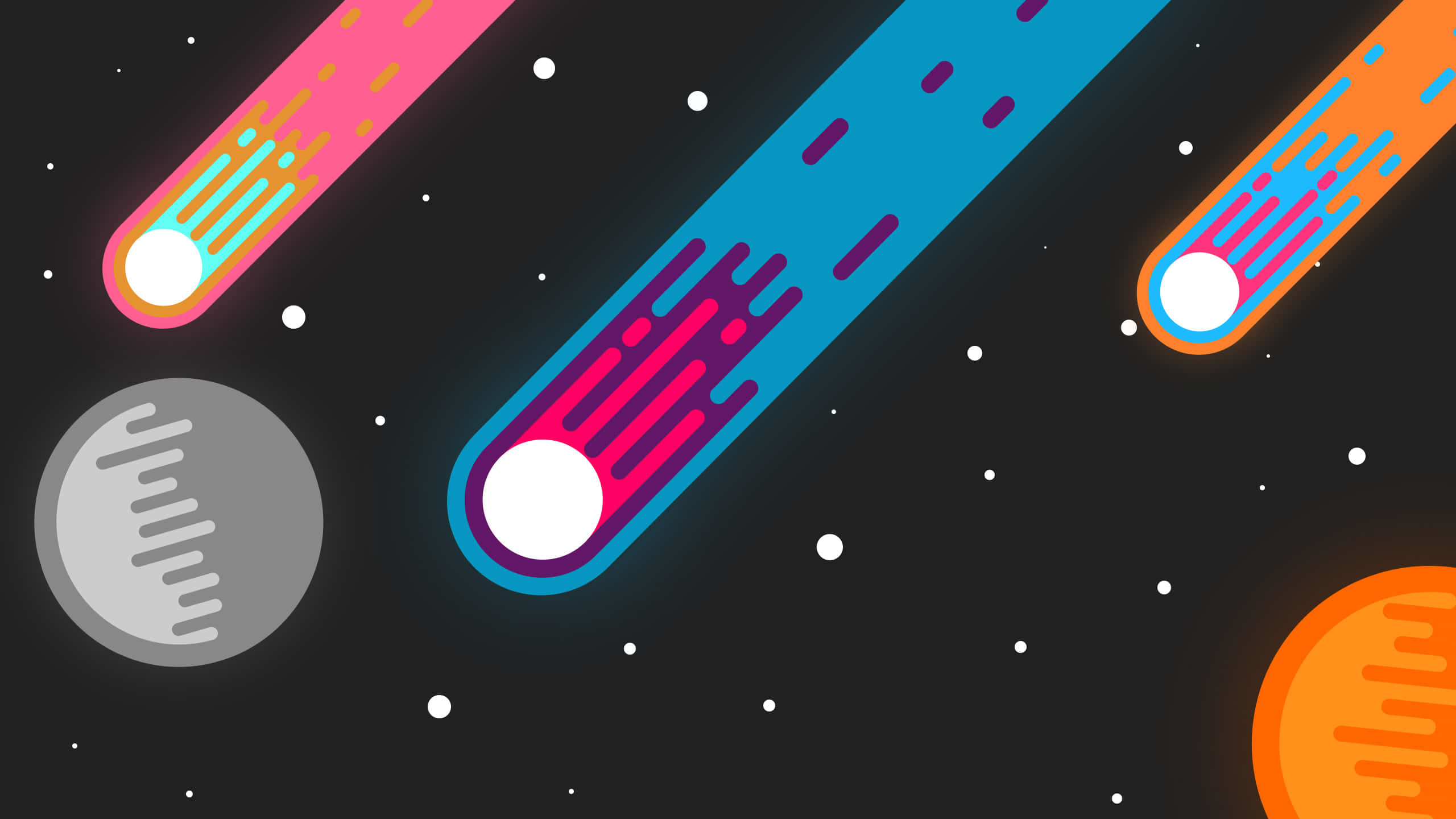 Minimalist Space 桌布 壁紙 — 充滿活力的霓虹彗星劃過繁星點點的夜空，搭配風格化的行星，數位插畫。