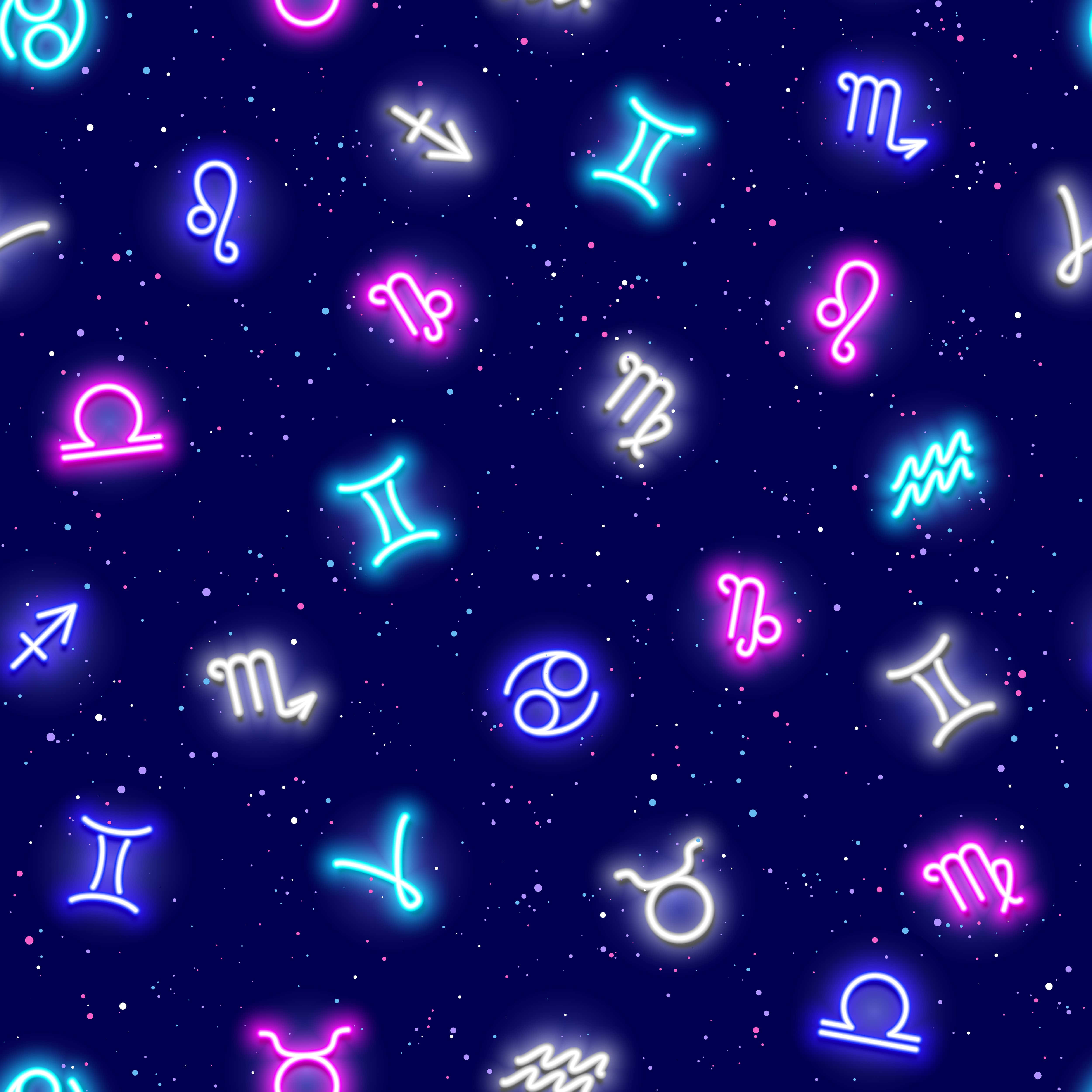 金牛座 桌布 壁紙 — 充滿活力的霓虹星座符號在星光燦爛的宇宙夜空中以重複圖案發光。