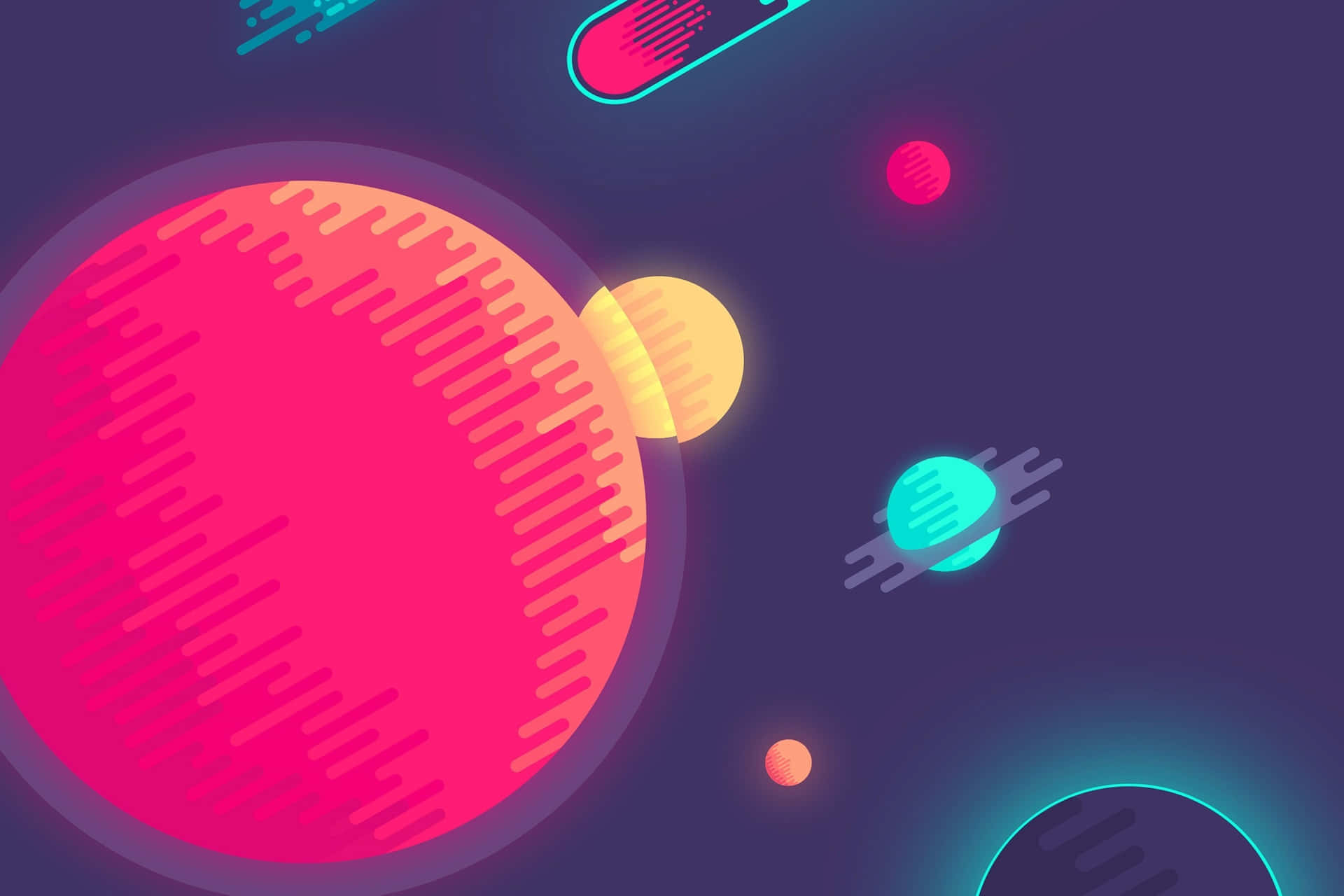 Cartoon Space 桌布 壁紙 — 充滿活力的霓虹星球帶有條紋紋理，漂浮在深紫色的宇宙虛空中。