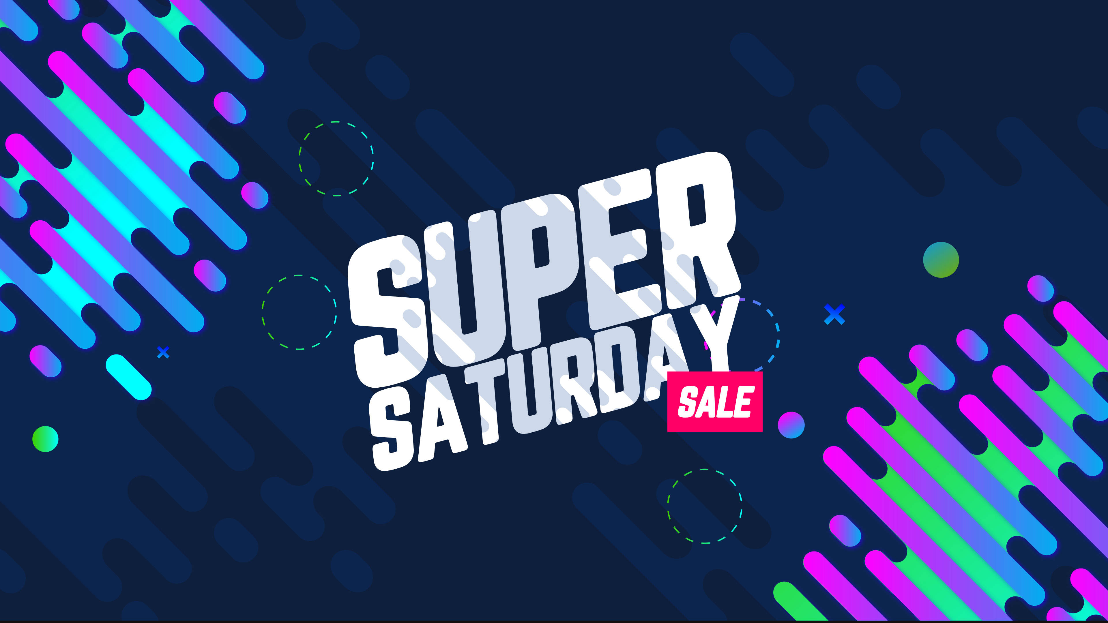 saturday 桌布 壁紙 — 充滿活力的霓虹條紋和粗體文字在深色數位背景上宣佈超級星期六特賣。