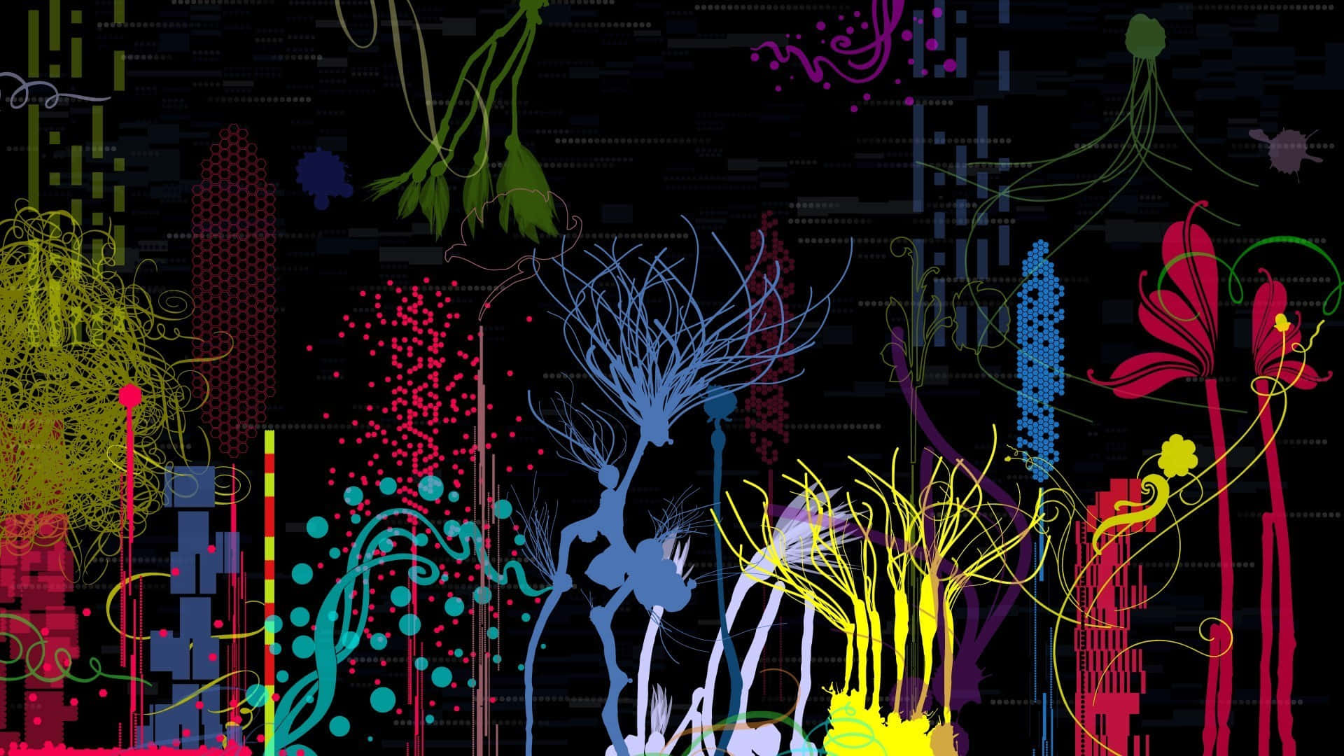 Indie Desktop 桌布 壁紙 — 充滿活力的霓虹植物和抽象有機形態在帶有故障效果的黑色數位背景上綻放。