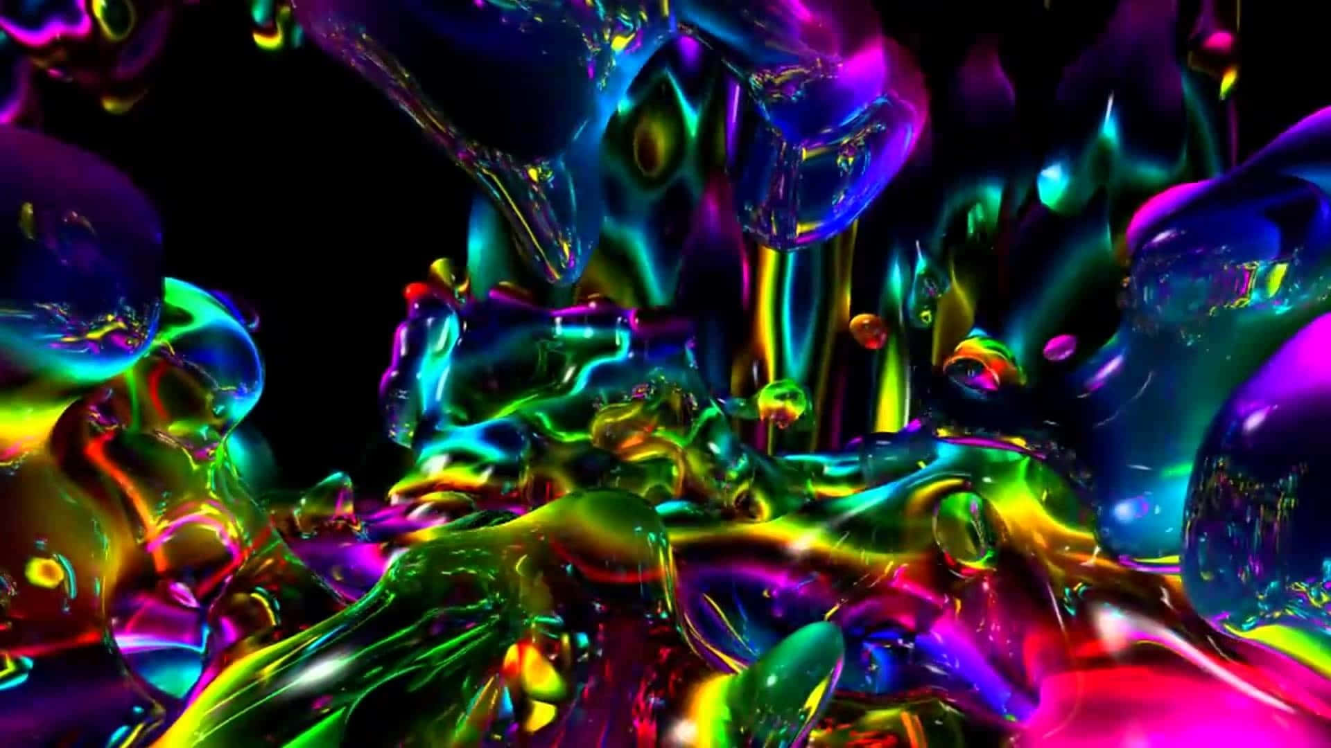 Trippy 3d Art 桌布 壁紙 — 充滿活力的霓虹液體團塊在黑色背景上滴落流動，營造出超現實的發光抽象場景。